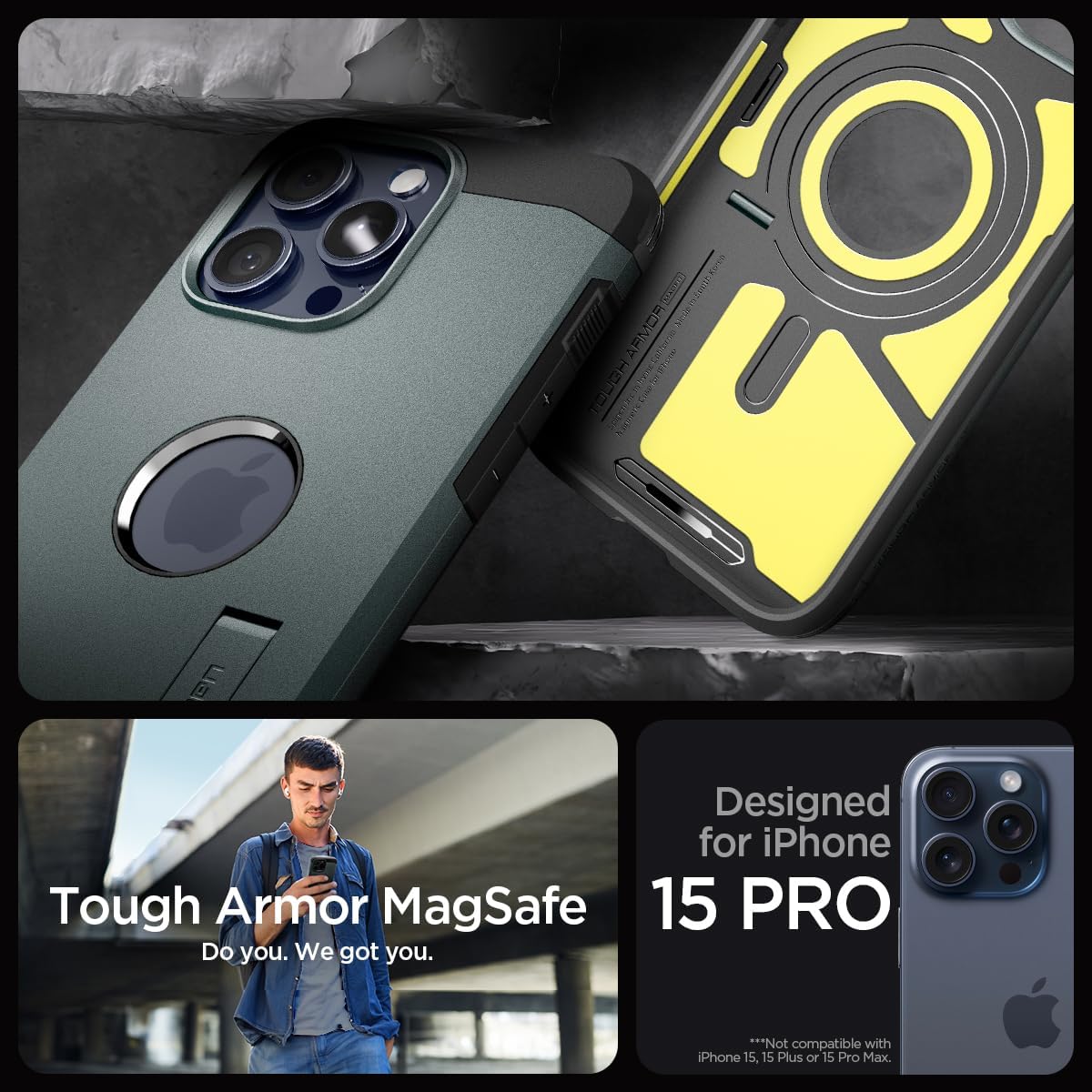 Thumbnail 1 de Spigen Tough Armor MagFit pour iPhone 15 Pro : coque magnétique antichoc avec béquille, vert