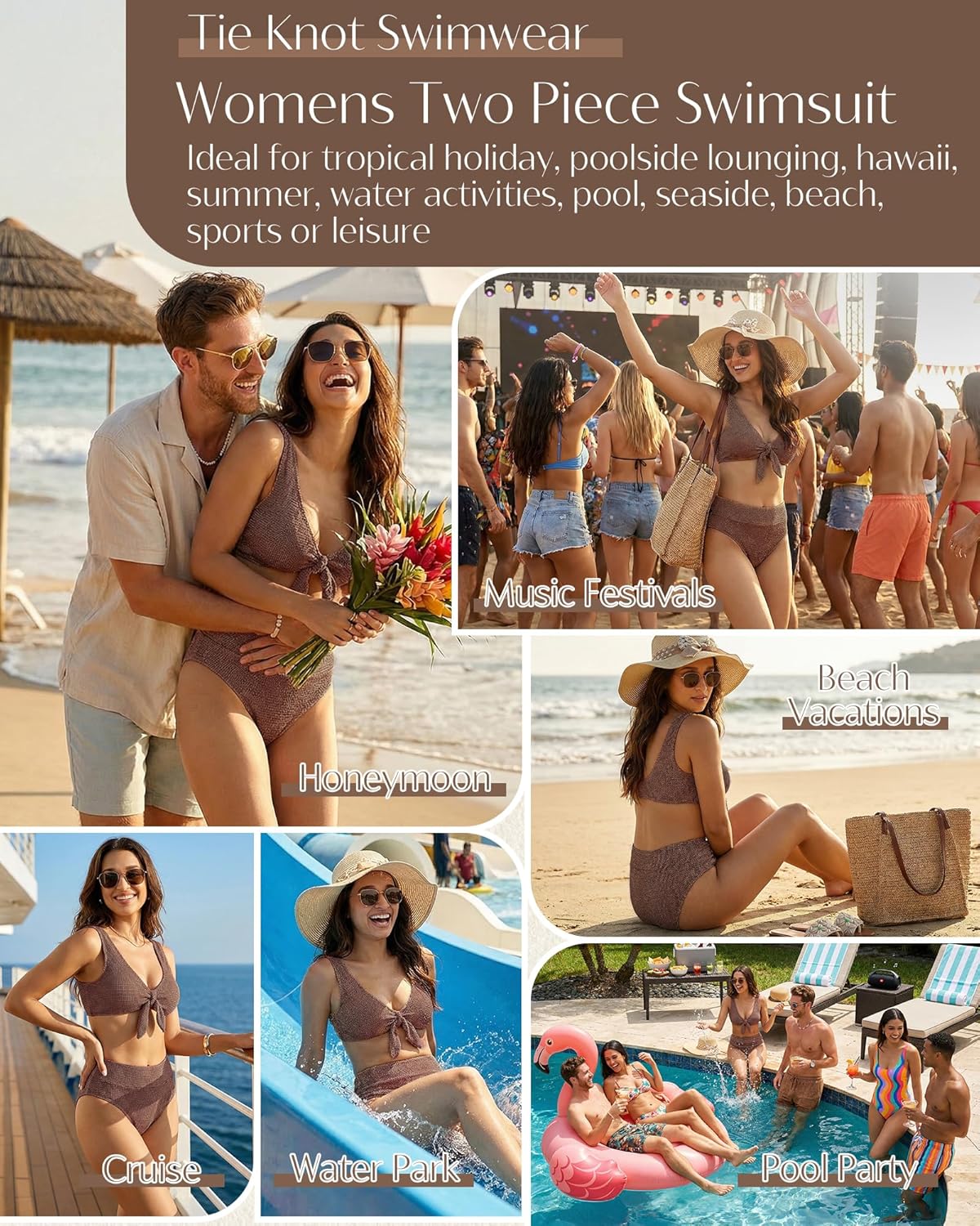 Detalle 2 de High Waisted Bikini Set for Women with Tummy Control – Textured Tie Knot Swimwear (L)