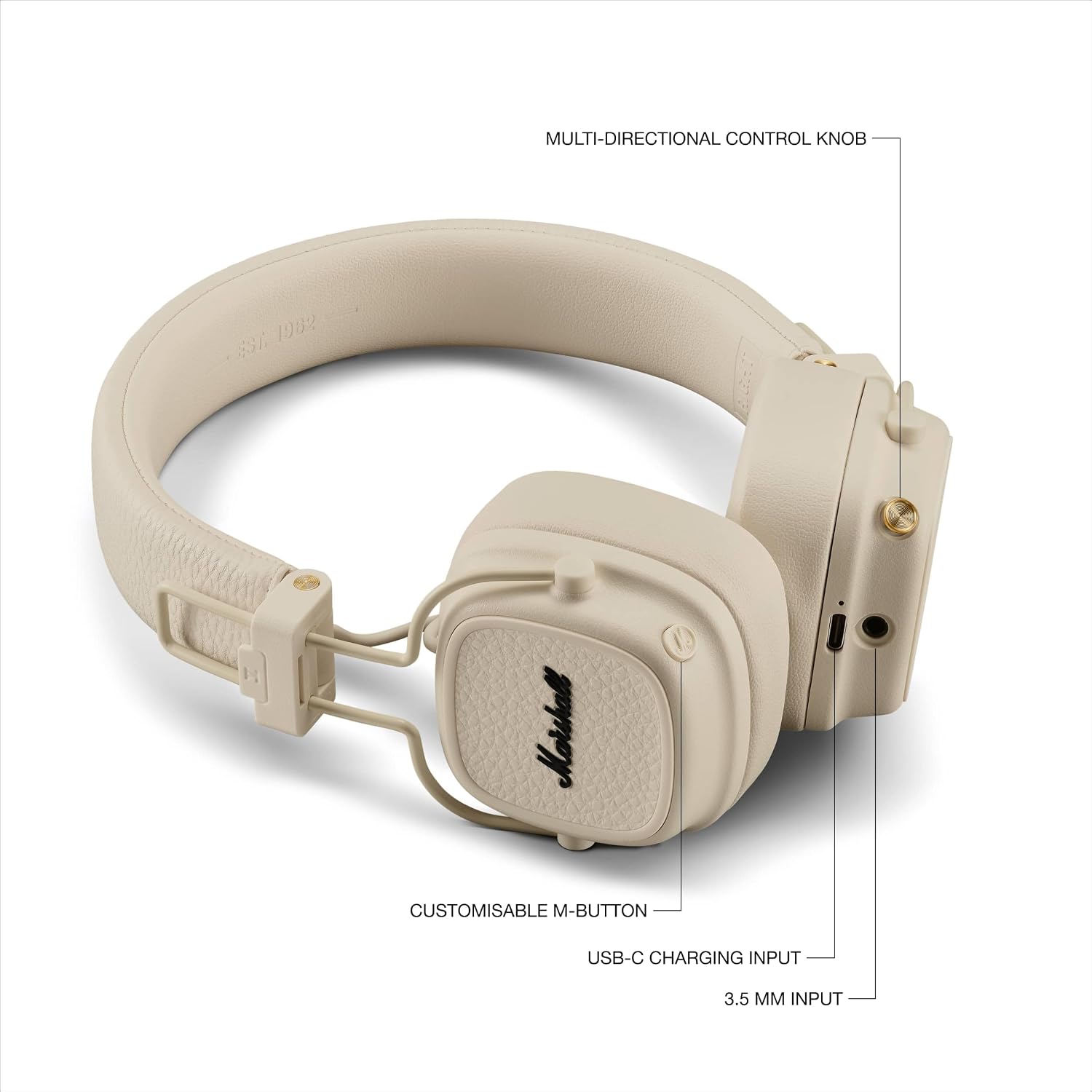 Detalle 2 de Marshall Major V Wireless On-Ear Headphones, Cream, 100+ Hours, Bluetooth 5.3