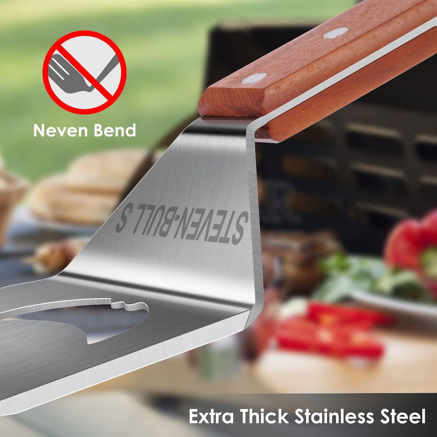 Detalle 2 de Grillspatel für Grill – 7-in-1-Grillwerkzeug mit Holzgriff (Smiley-Grill-Spatel)