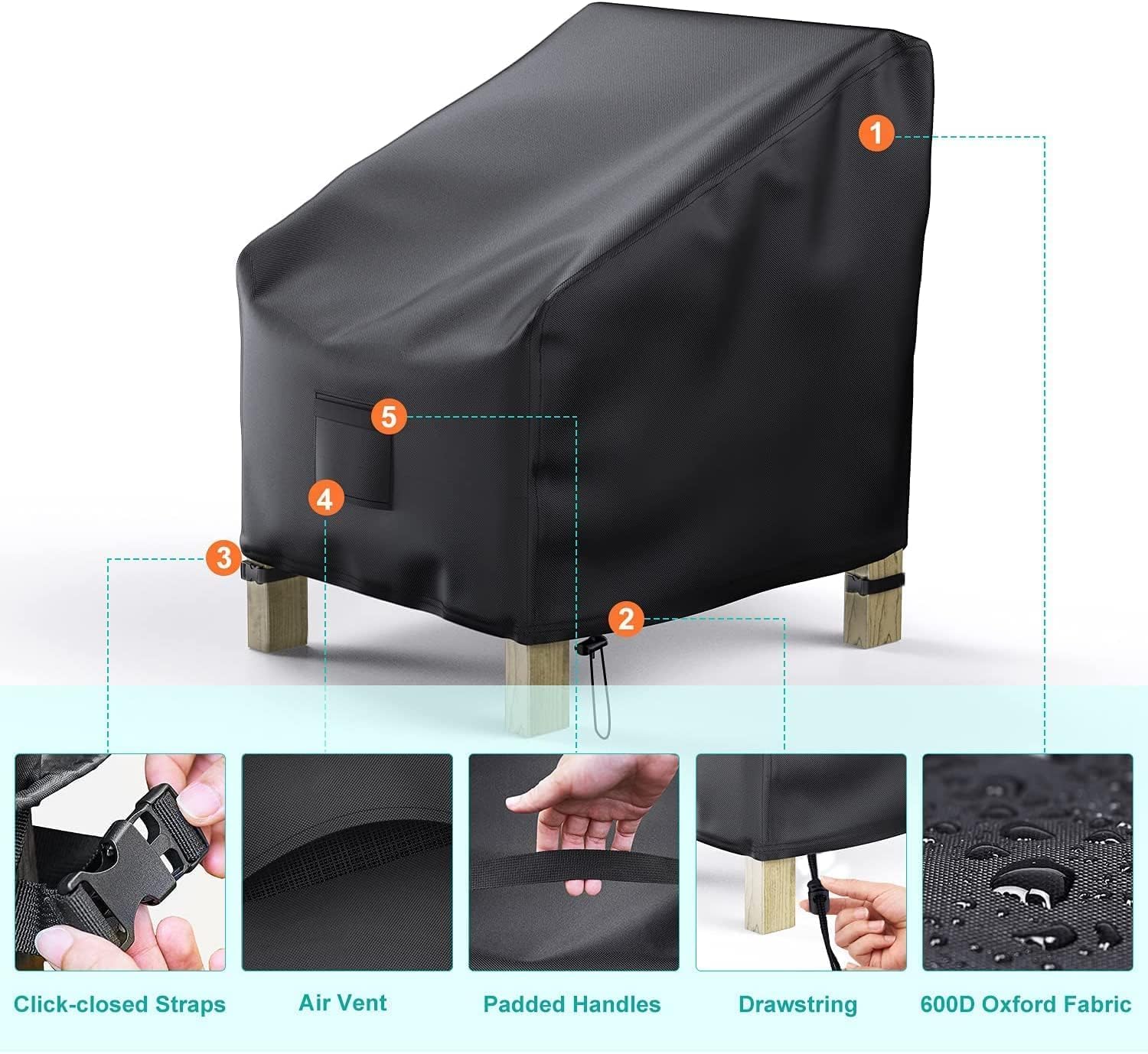 Detalle de BROSYDA BSD-271 Outdoor Patio Chair Covers, 2-Pack, Waterproof Black Oxford