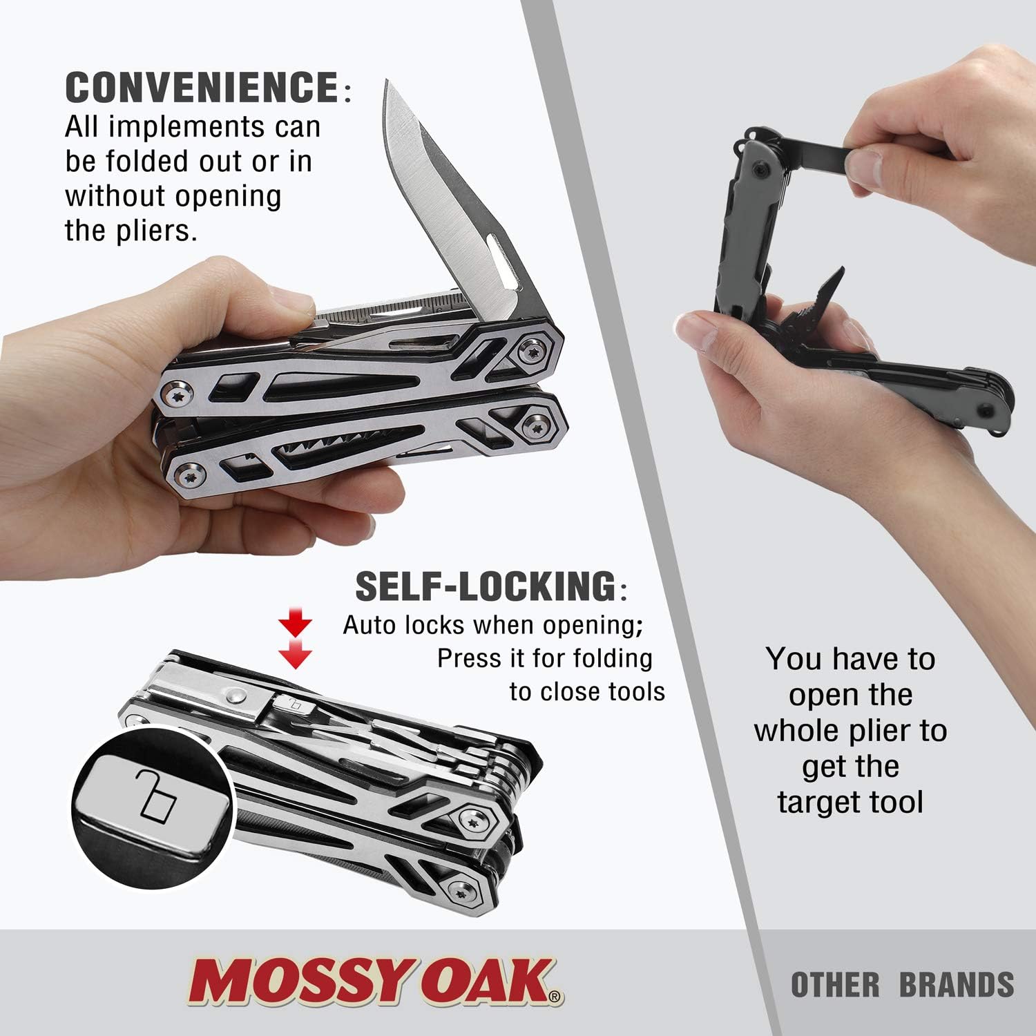Detalle de Mossy Oak 21-in-1 multifunctionele tang van roestvrij staal met draagtas