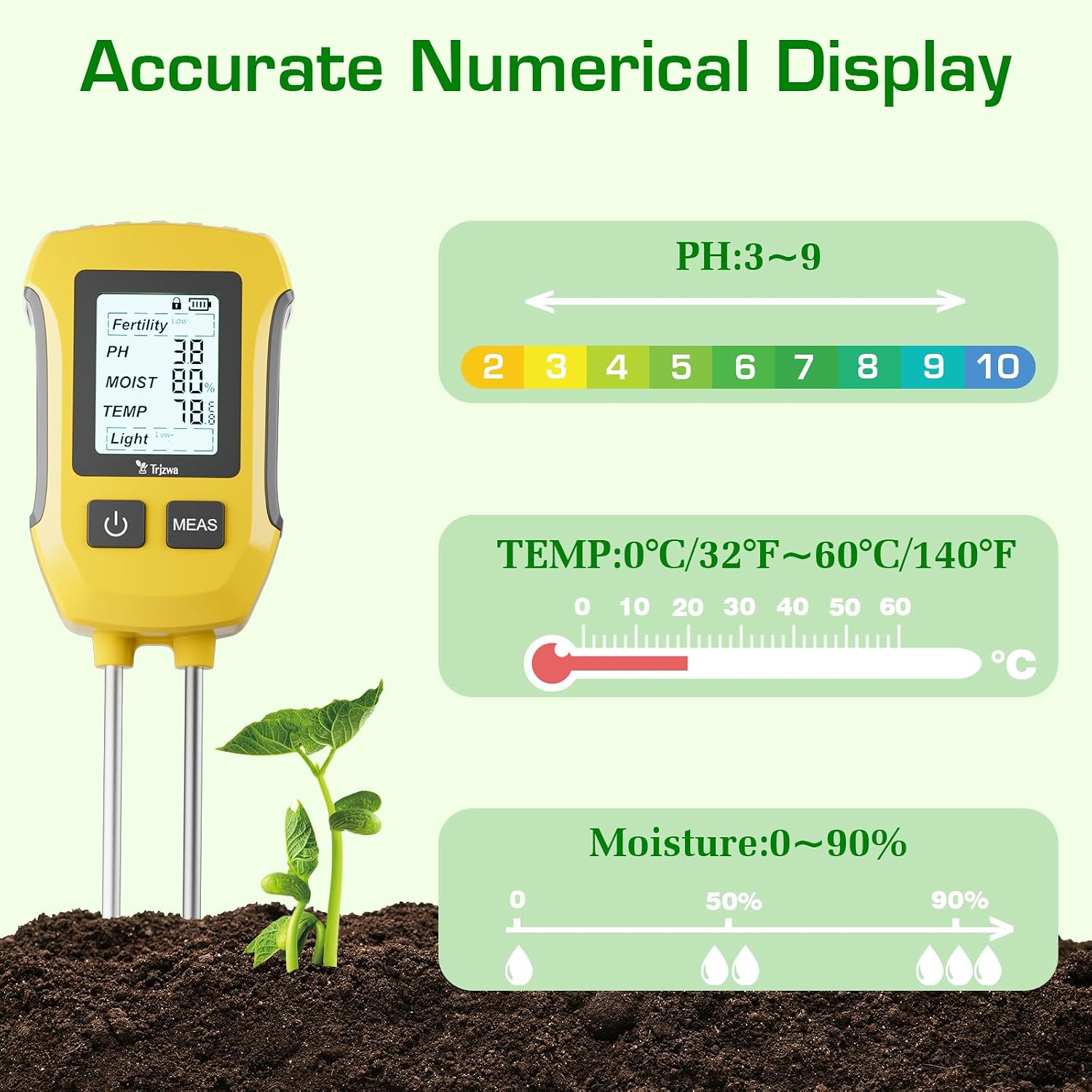 Thumbnail 2 de TRJZWA 5 in 1: Misuratore di PH del Terreno, Igrometro per Piante con Display LCD – Fertilità, Umidità, pH, Temperatura e Luce Solare