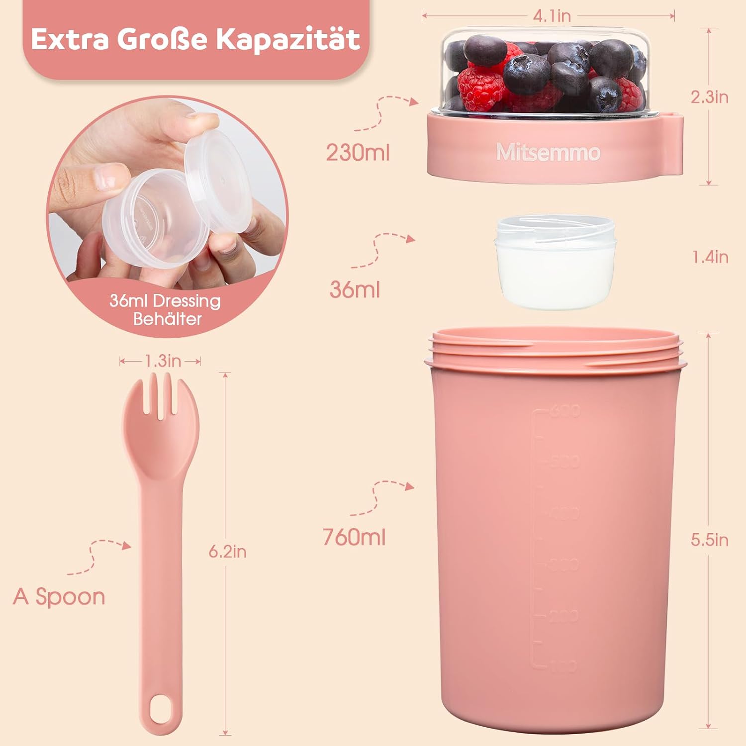 Detalle de Mitsemmo Müslibecher to Go 760 ml + 230 ml (Rosa) – Müsli- & Joghurtbecher mit Löffel und Dose