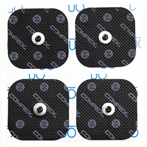 Detalle de Compex I 4 electrodos negros 5x5 cm con EasySnap para electroestimuladores Compex (con cable e inalámbricos)