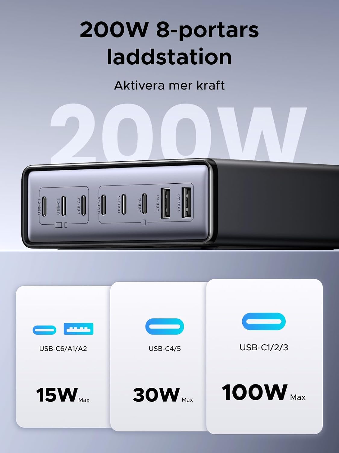 Detalle 2 de UGREEN USB-C-laddare 200W med 8 portar och upp till 100W via USB-C