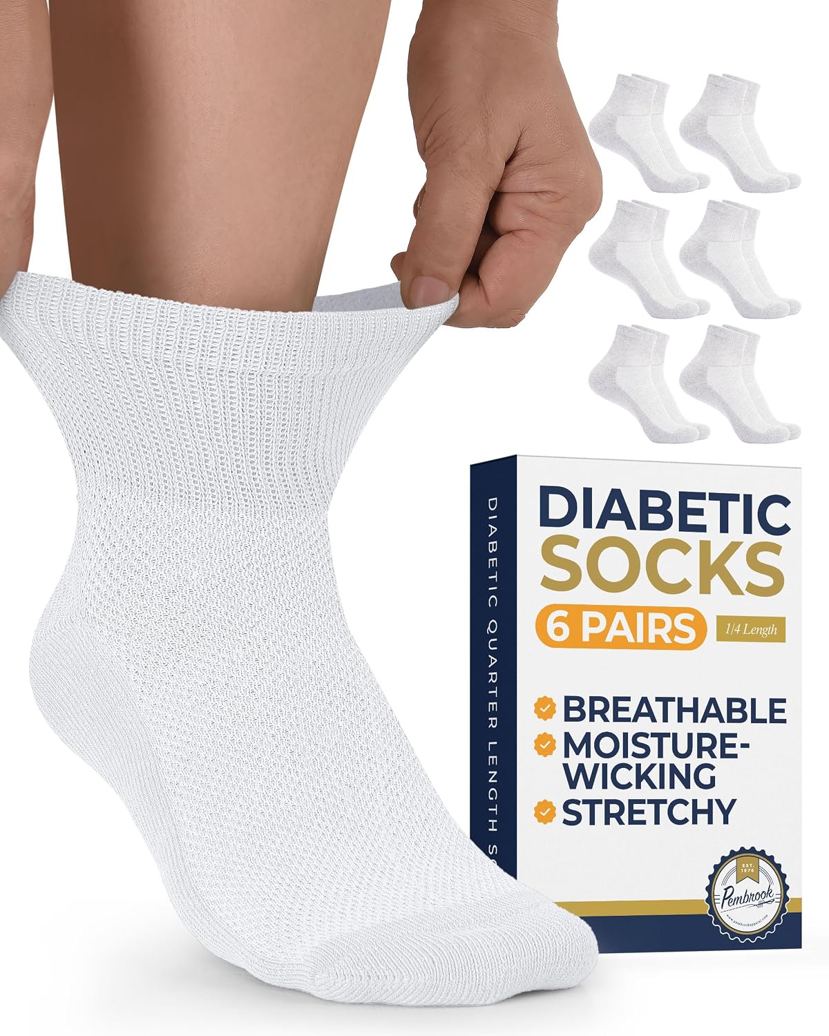 Detalle de Pembrook Ankle Diabetic Socks for Women & Men – 6 Pairs, Wide Non-Binding Quarter Length, Edema & Neuropathy Relief