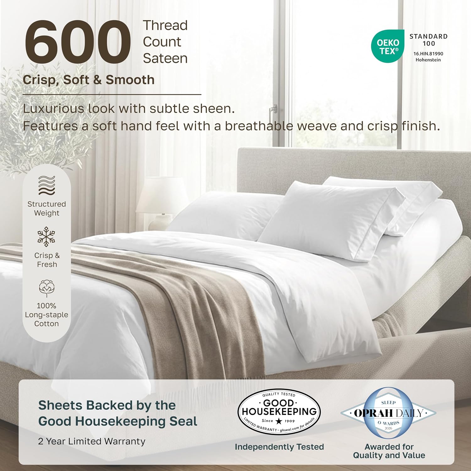 Detalle de California Design Den 600 Thread Count Split King Sheets, Cotton Sateen, Blue