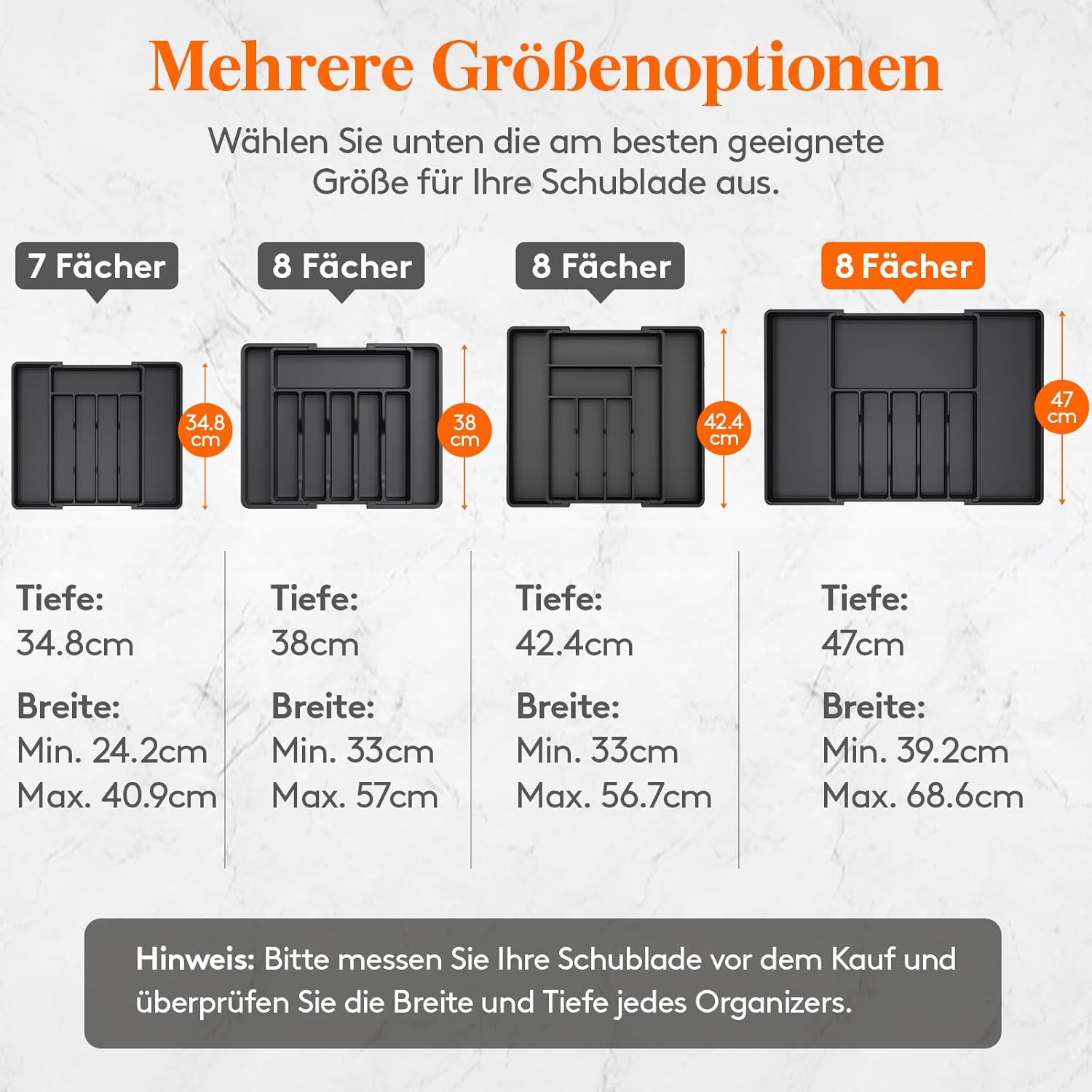 Thumbnail 1 de Lifewit Besteckkasten für Schubladen 40–50, verstellbarer Organizer mit 6–8 Fächern bis 69 cm, Schwarz (Tiefe 47 cm)