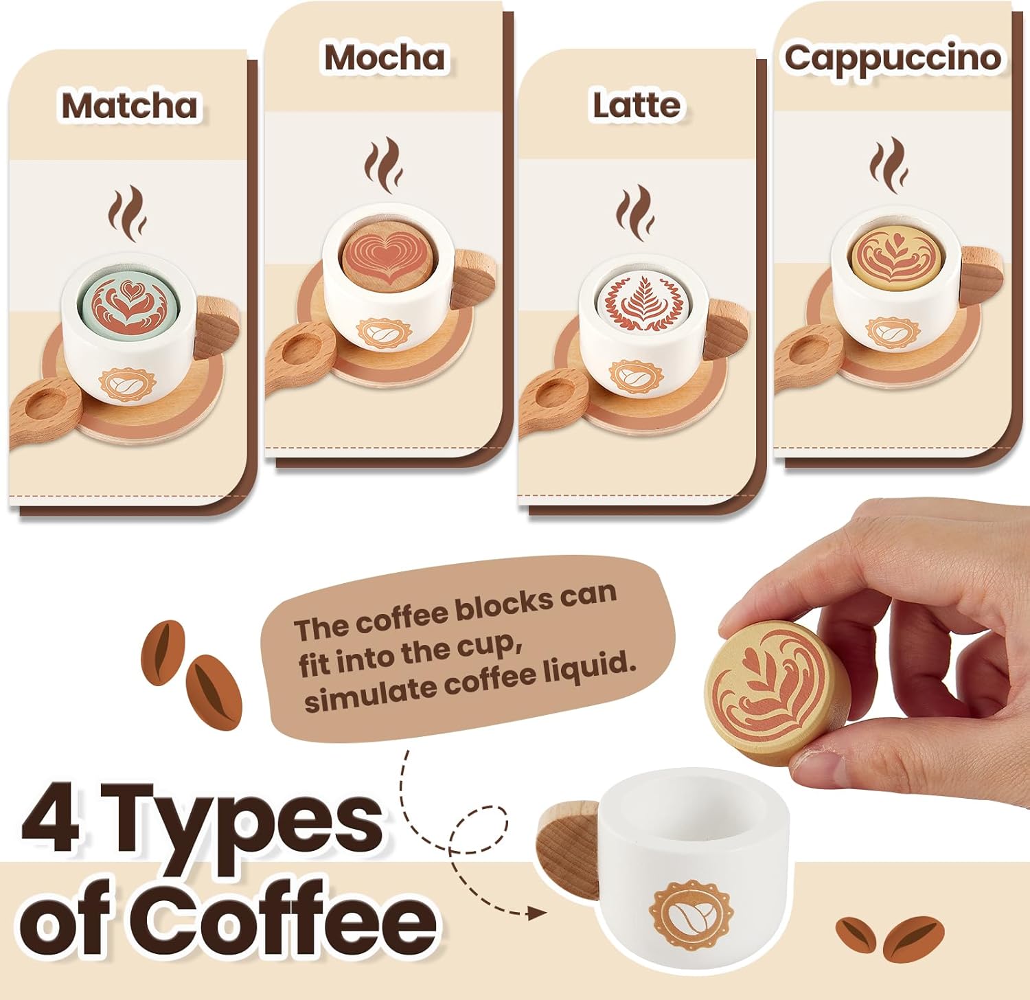 Detalle de BUYGER Kids Wooden Coffee Machine Toy – Pretend Coffee Playset for Ages 3–5