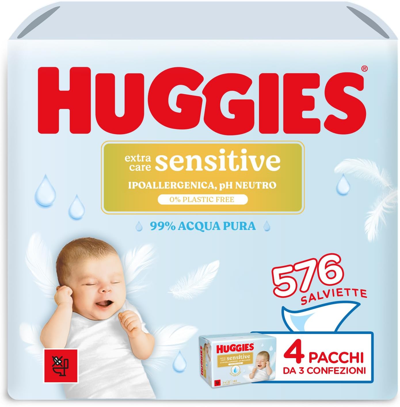 Detalle de Huggies Extra Care Sensitive Salviette Neonati: 576 pezzi, 4 confezioni da 3