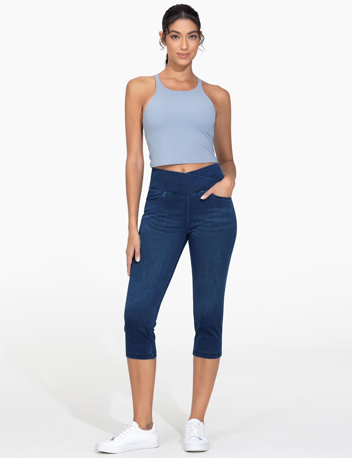 Detalle de THE GYM PEOPLE Women’s V-Cross Capri Jeggings, 3/4 Stretch with Tummy Control