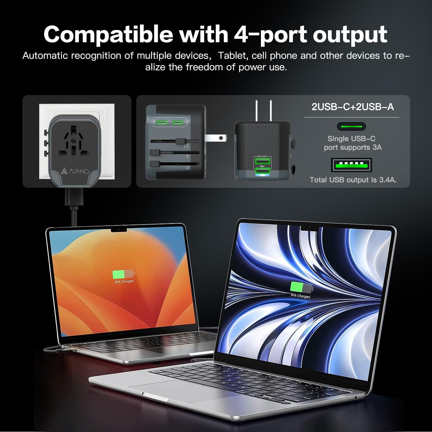 Detalle 2 de AUNNO Universal Travel Adapter with 2 USB-C and 2 USB ports 🔌