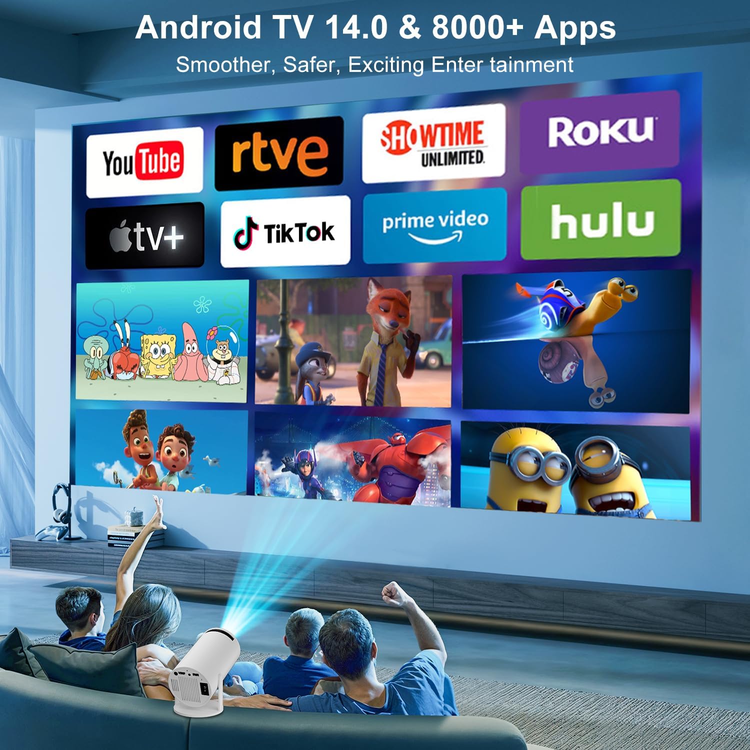 Detalle de ZDSSY Mini Projector for Bedroom: 4K/8K Support, Android 14, WiFi 6 & BT 5.4, Auto Keystone, 180° Rotation