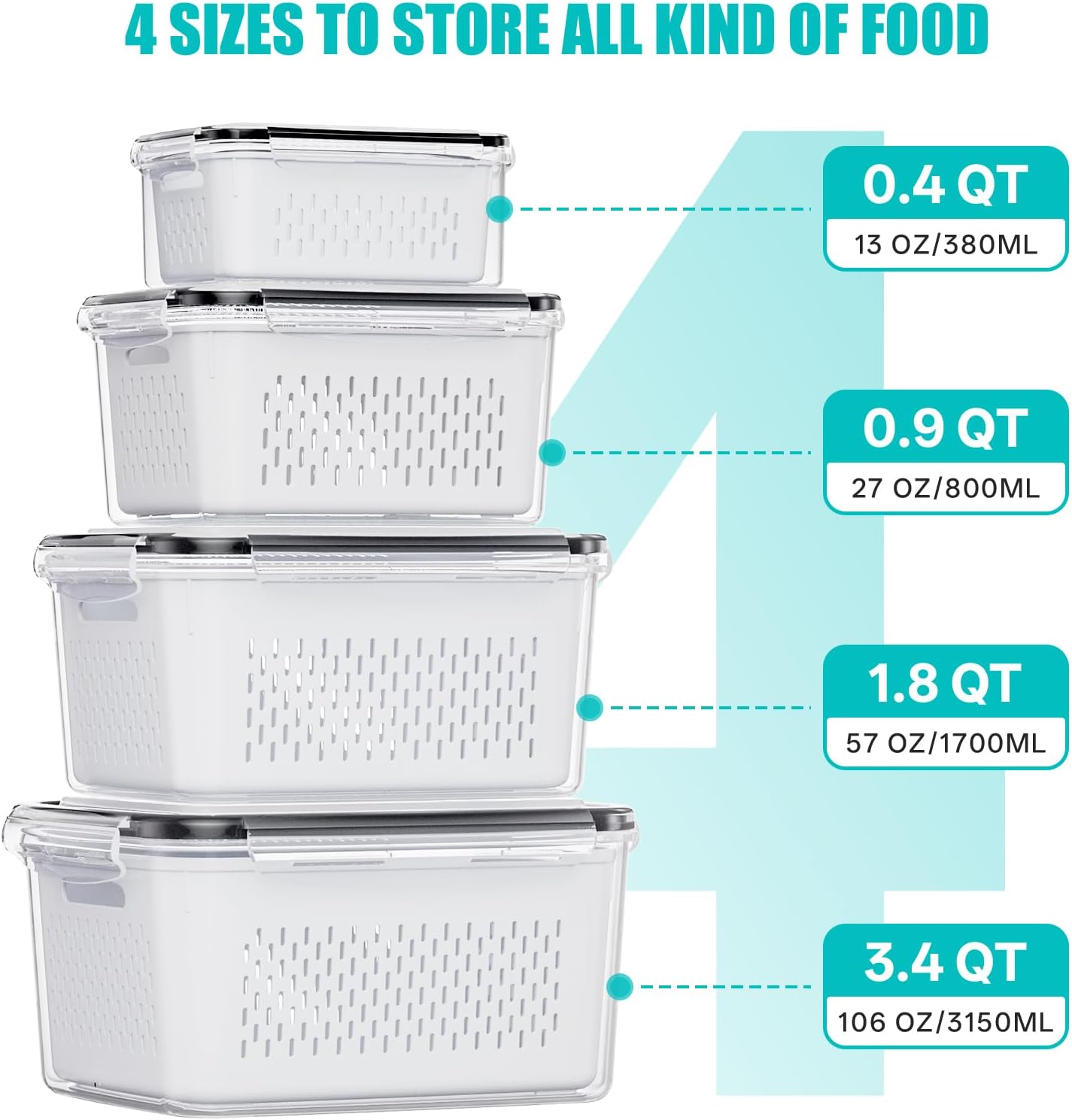 Detalle de HOMETALL 4-Pack Fruit Storage Containers for Fridge: BPA-Free, Mesh Design, 3.4QT to 0.4QT