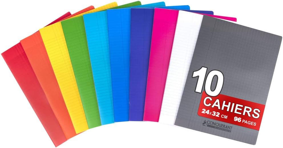 Detalle de Conquérant Lot de 10 Cahiers Grands Carreaux Seyès 24x32 cm 96 Pages Agrafées 90 g, Couleurs Assortis