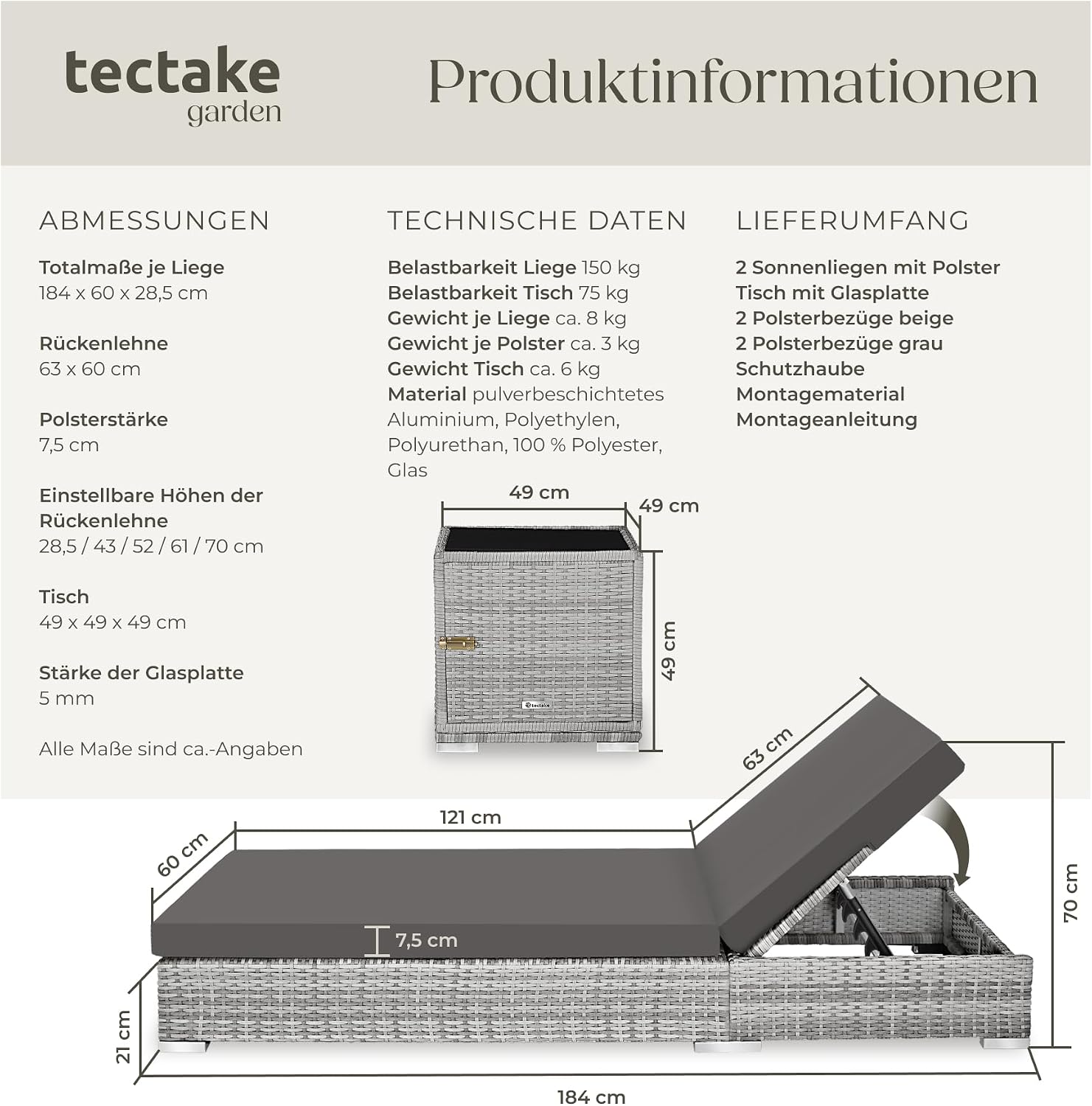 Detalle de tectake® 2er Garten Lounge Sonnenliegen-Set mit Tisch (2er Set, hellgrau)