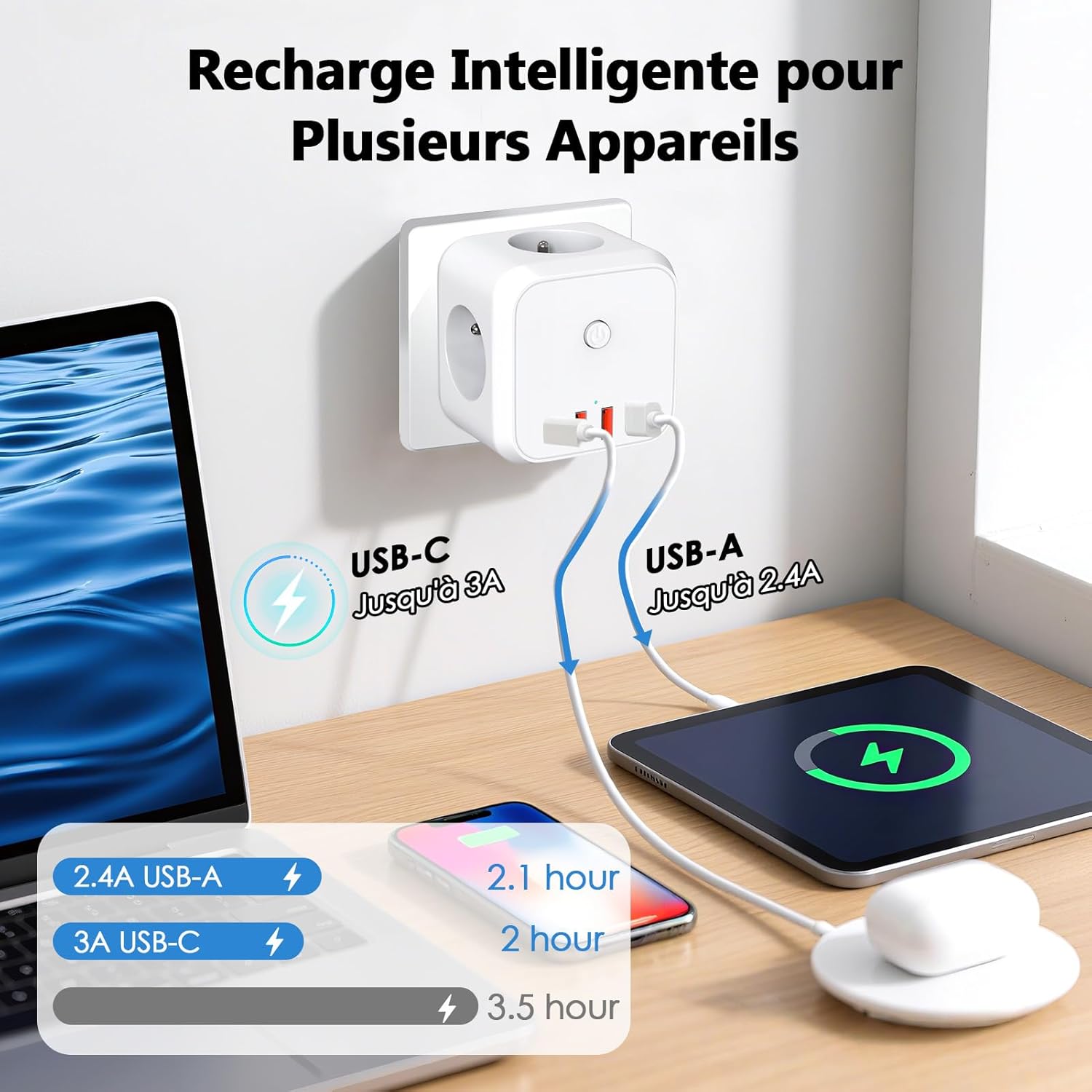 Detalle 2 de Multiprise Murale 7 en 1 – Prise Secteur avec 3 Prises Française et 4 ports USB (USB-C + USB-A) – Cube mural compact