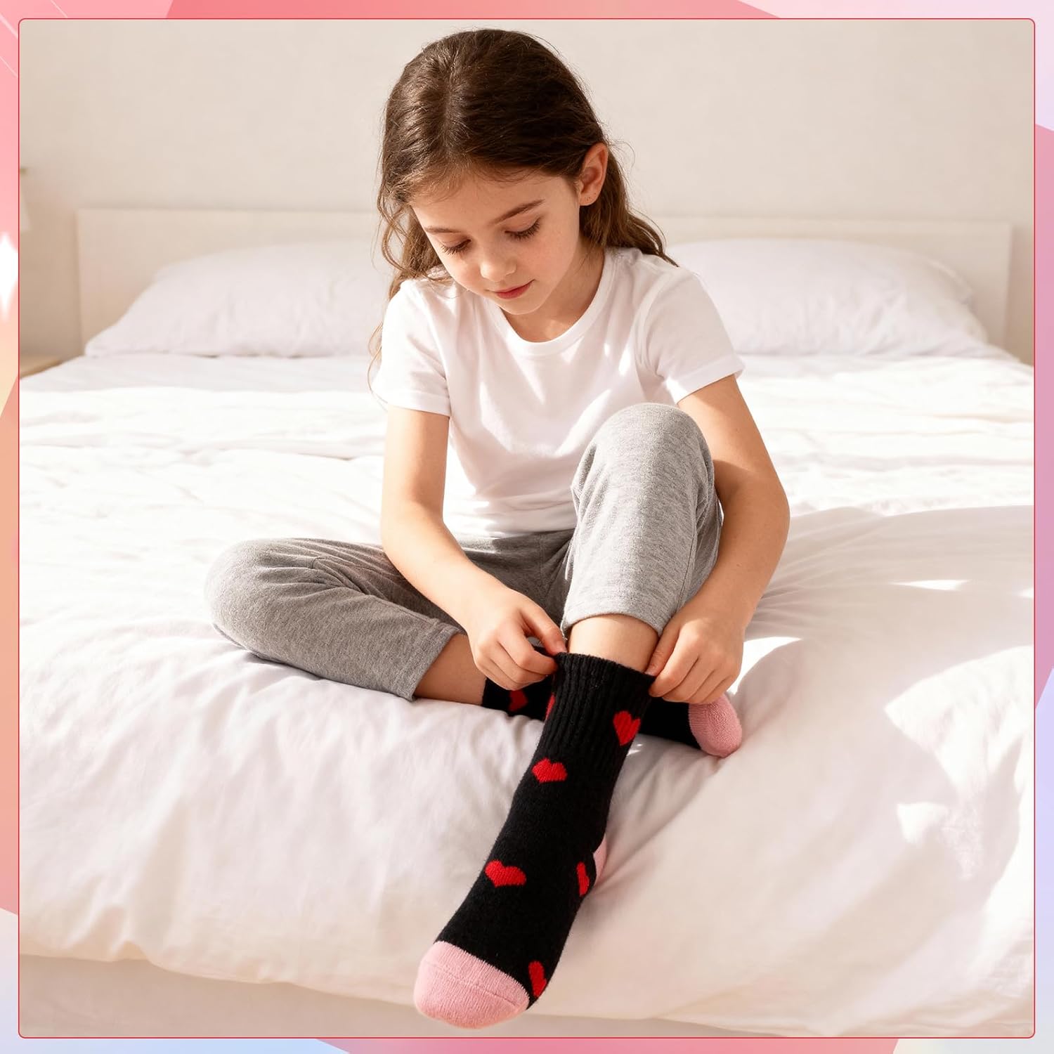 Thumbnail 1 de Zuimei 5 Pairs Girls Cotton Crew Socks with Heart Pattern – 9-12 Years