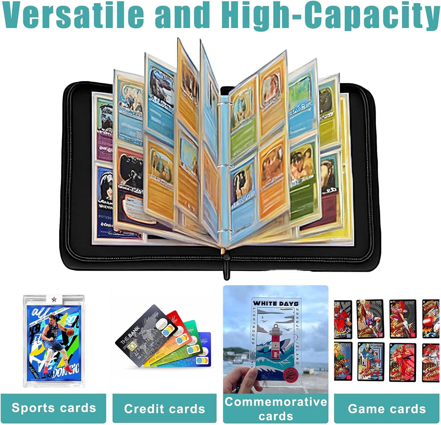Detalle de Trading Card Binder 4 Pocket: 400 Pocket PU Leather Zip Wallet for MTG and Sports Cards (Black)