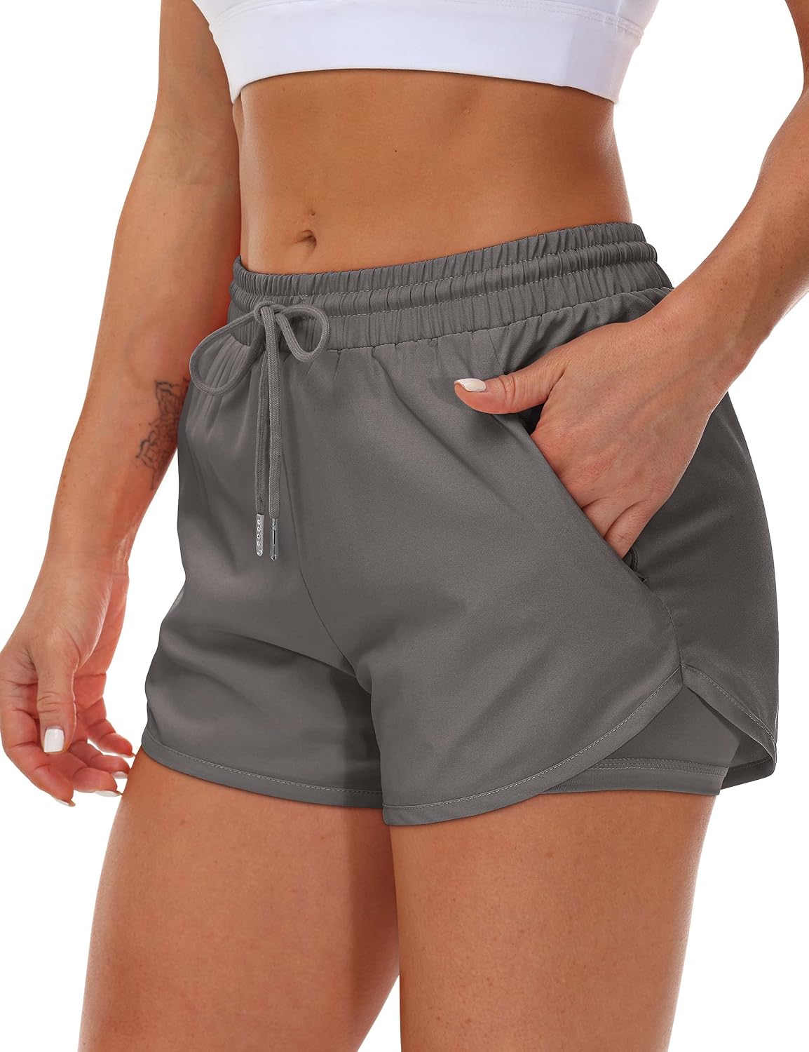 Detalle de Mancreda Women's Running Shorts with Liner — 3 Zipper Pockets, Double Layer, Elastic Fit