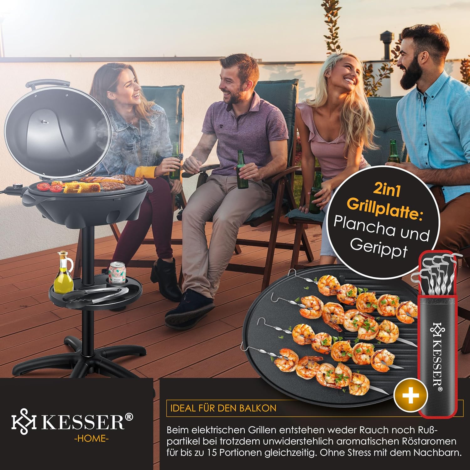 Detalle de KESSER® Elektrogrill 2in1 Tisch- & Standgrill mit Deckel (2.400 W), XXL Antihaft-Grillplatte