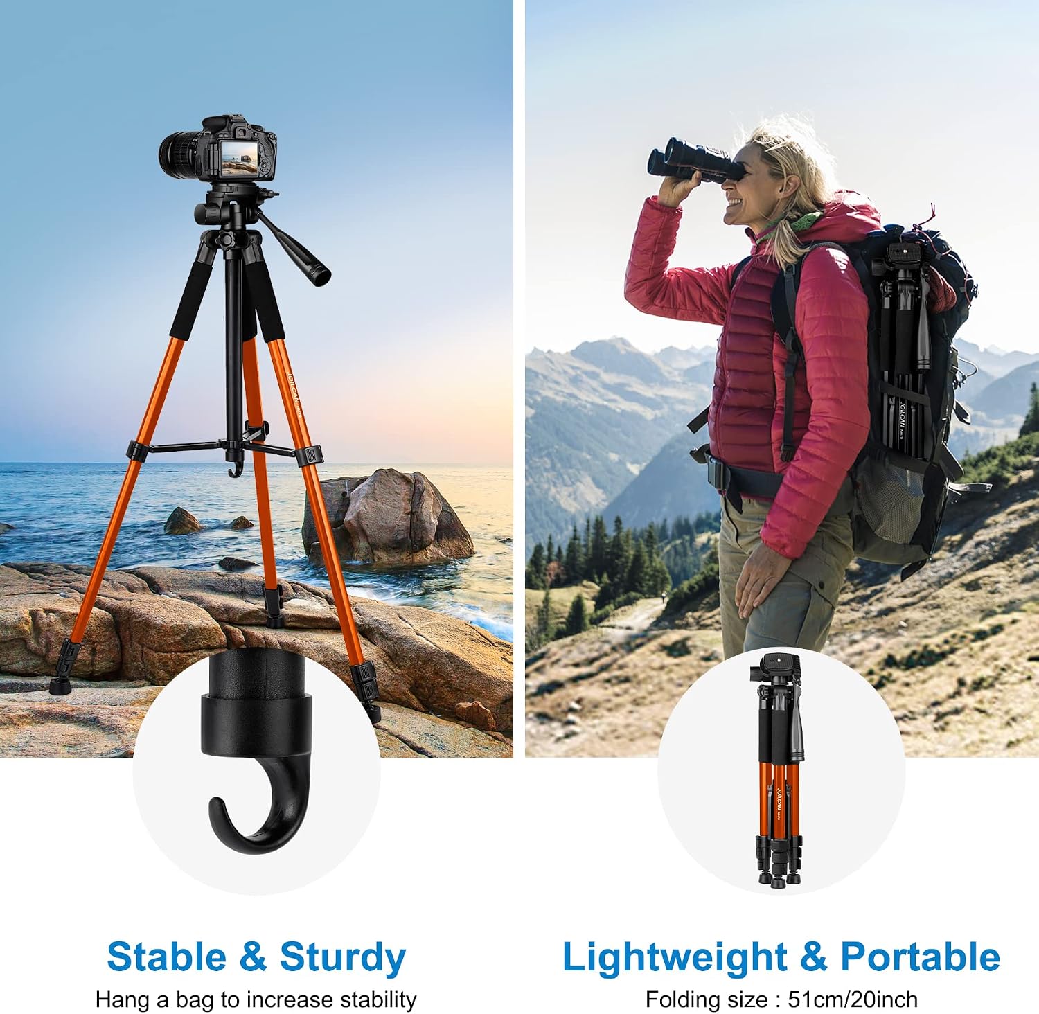 Thumbnail 4 de JOILCAN Compact Camera Tripod for DSLR and Smartphone – Aluminium, 3‑Way Pan Head, 65" Max Height