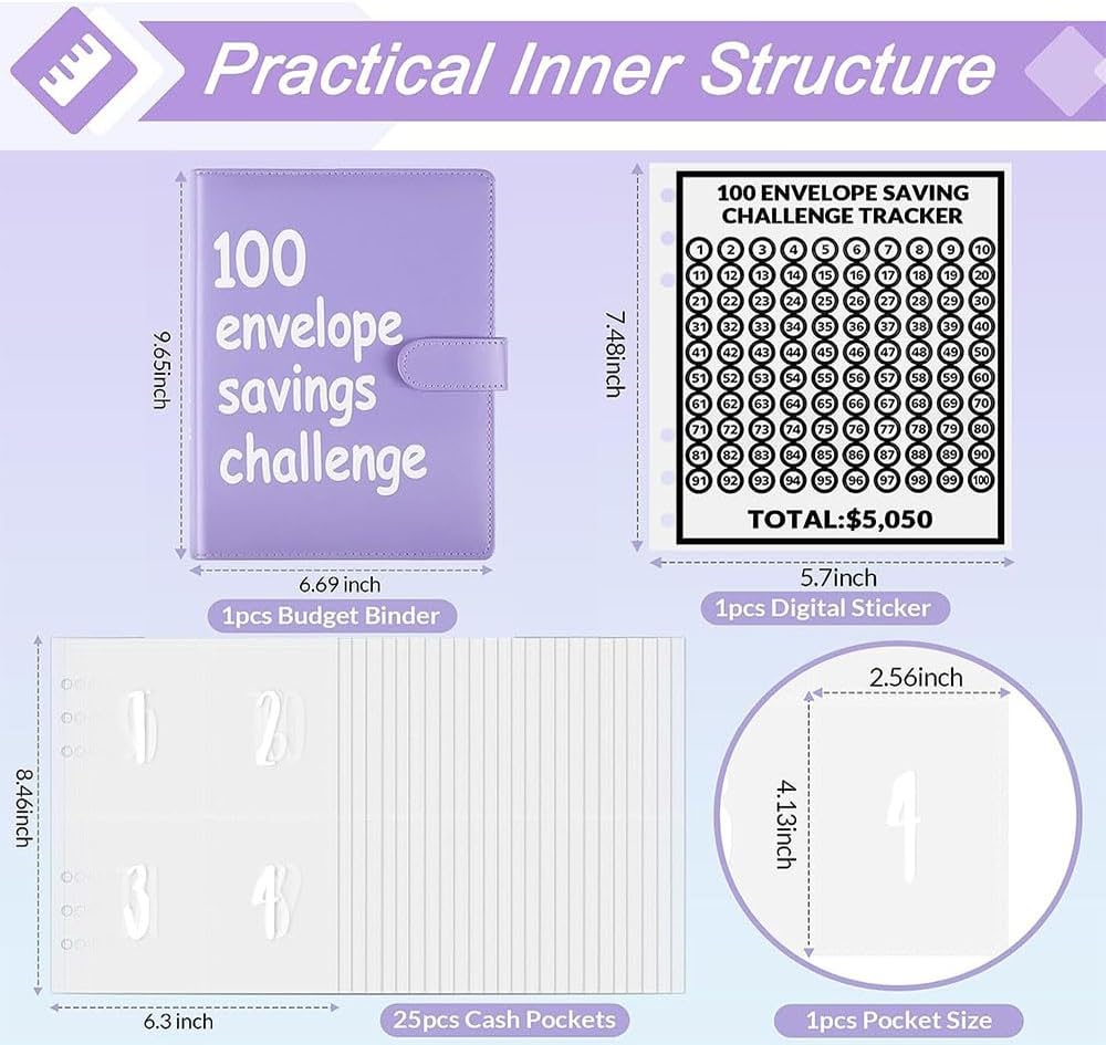 Detalle de AASLOB jujs 100 Envelope Savings Challenge Binder, Purple, 100 Slots