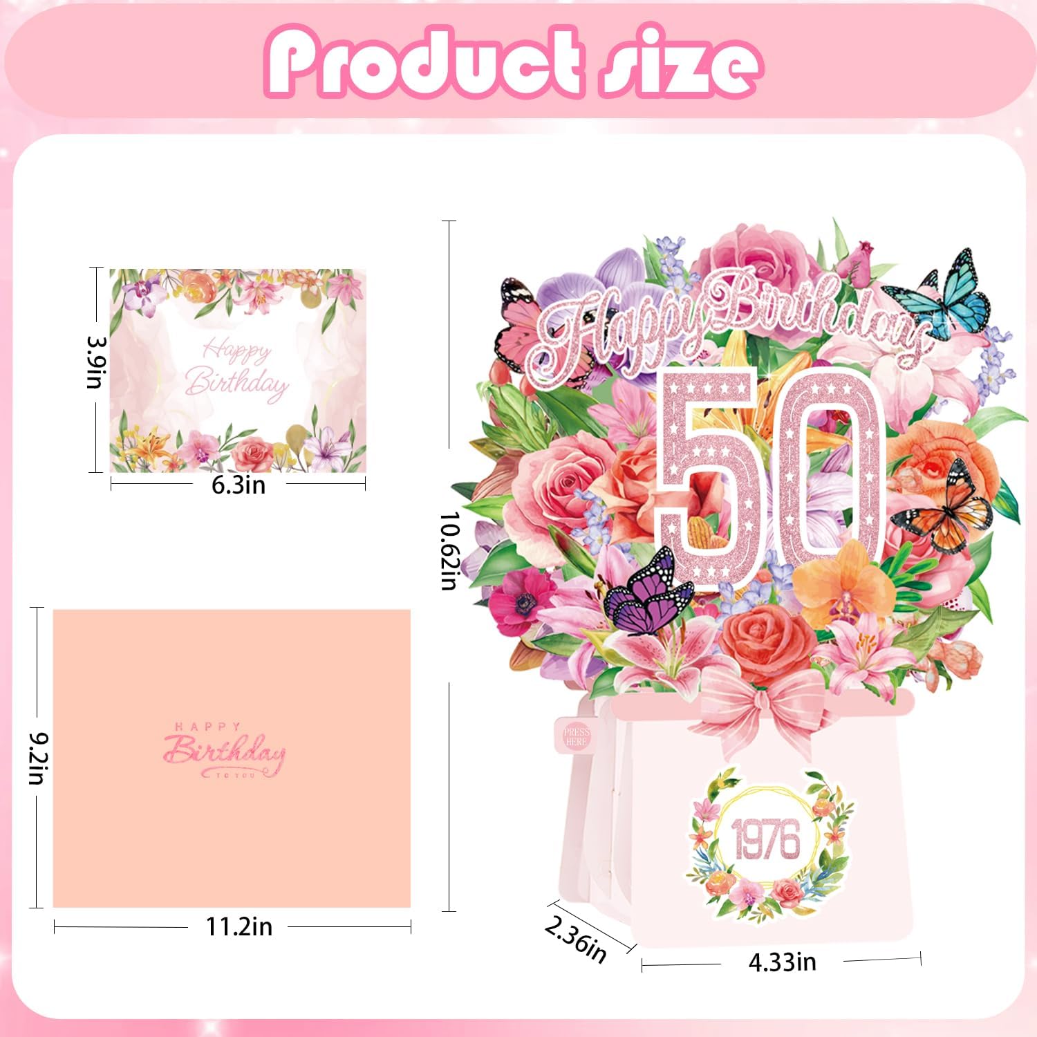 Thumbnail 2 de 50th Birthday Cards Light and Music 1976 Forever Flower Bouquet 3D Pop Up Gift Card (10 inch)