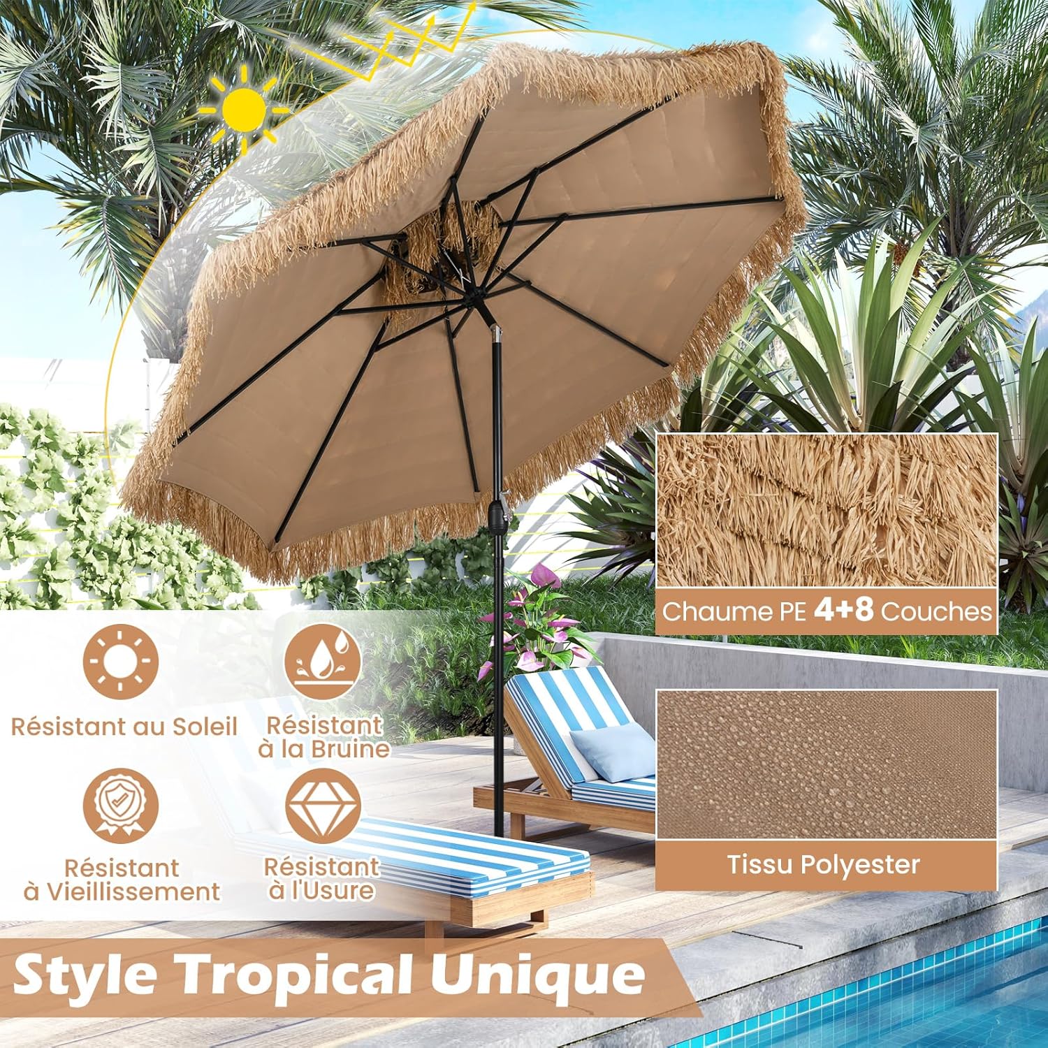 Thumbnail 1 de GOPLUS parasol 3 m en paille PE style hawaïen à double toit inclinable 30°