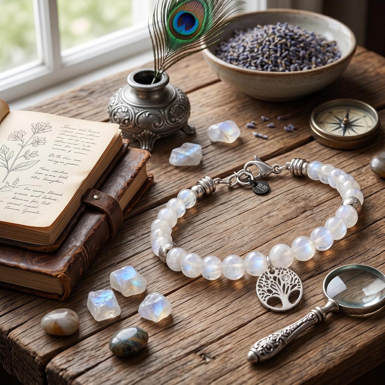 Detalle de 10:10 Bracciale Donna in Pietre Naturali 6mm con Albero della Vita e Zircone – Regolabile, Acciaio Inox Anallergico