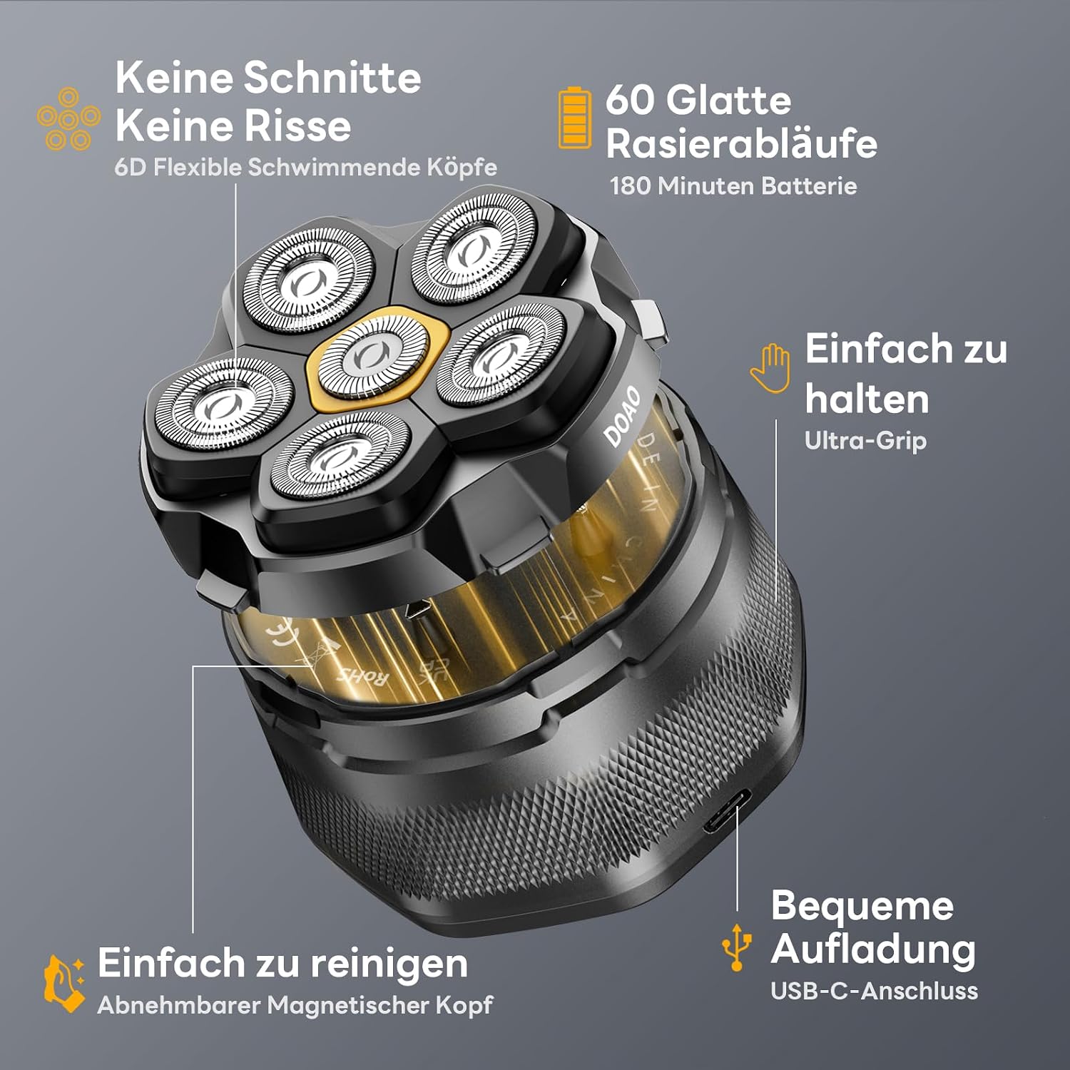 Detalle de Glatzen Rasierer Herren mit 6D-Schwimmkopf, 180 Min Akku, Magnetkopf, IPX6 – Ideal für Kopf- und Bartpflege