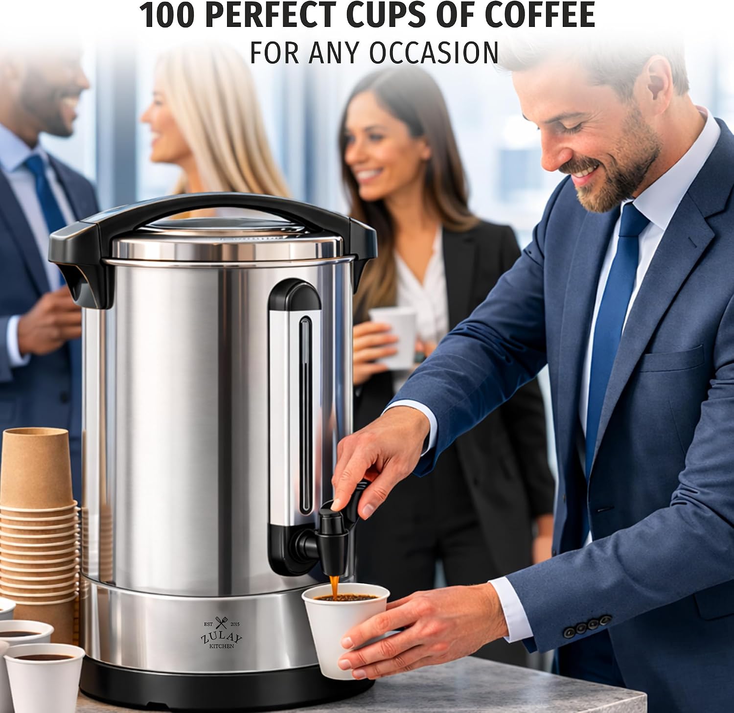 Detalle de Zulay Commercial Grade 100-Cup Coffee Maker Hot Water Urn (Double-Wall Stainless Steel) — Large Percolator Pot Dispenser in Silver