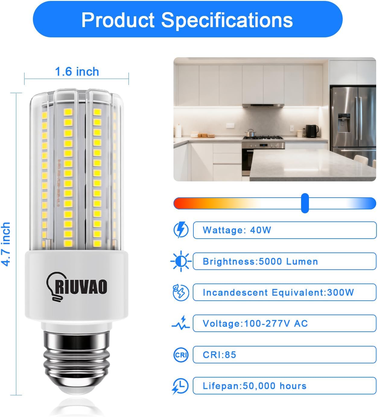 Detalle de RIUVAO NS-PCL40-A LED Bulbs, 2-Pack, 40W, 5000 Lumens, 5000K, E26/E27