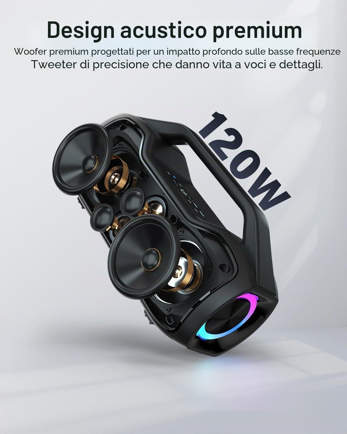 Detalle de Cassa Bluetooth Potente Portatile 120W Peak con 2 Woofer e 2 Tweeter, IP65 e DSP - perfetta per feste, spiagge e campeggio