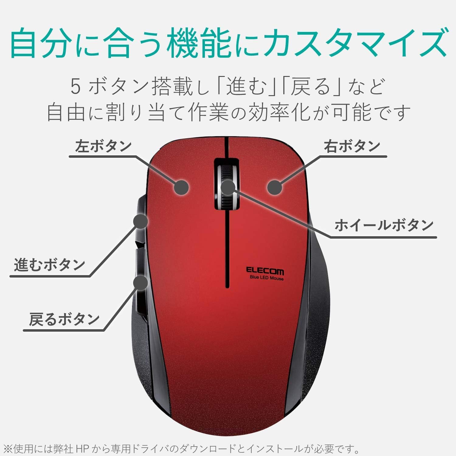 Detalle de エレコム M-FBL01DBXSRD ワイヤレスマウス Mサイズ 5ボタン・静音・レッド
