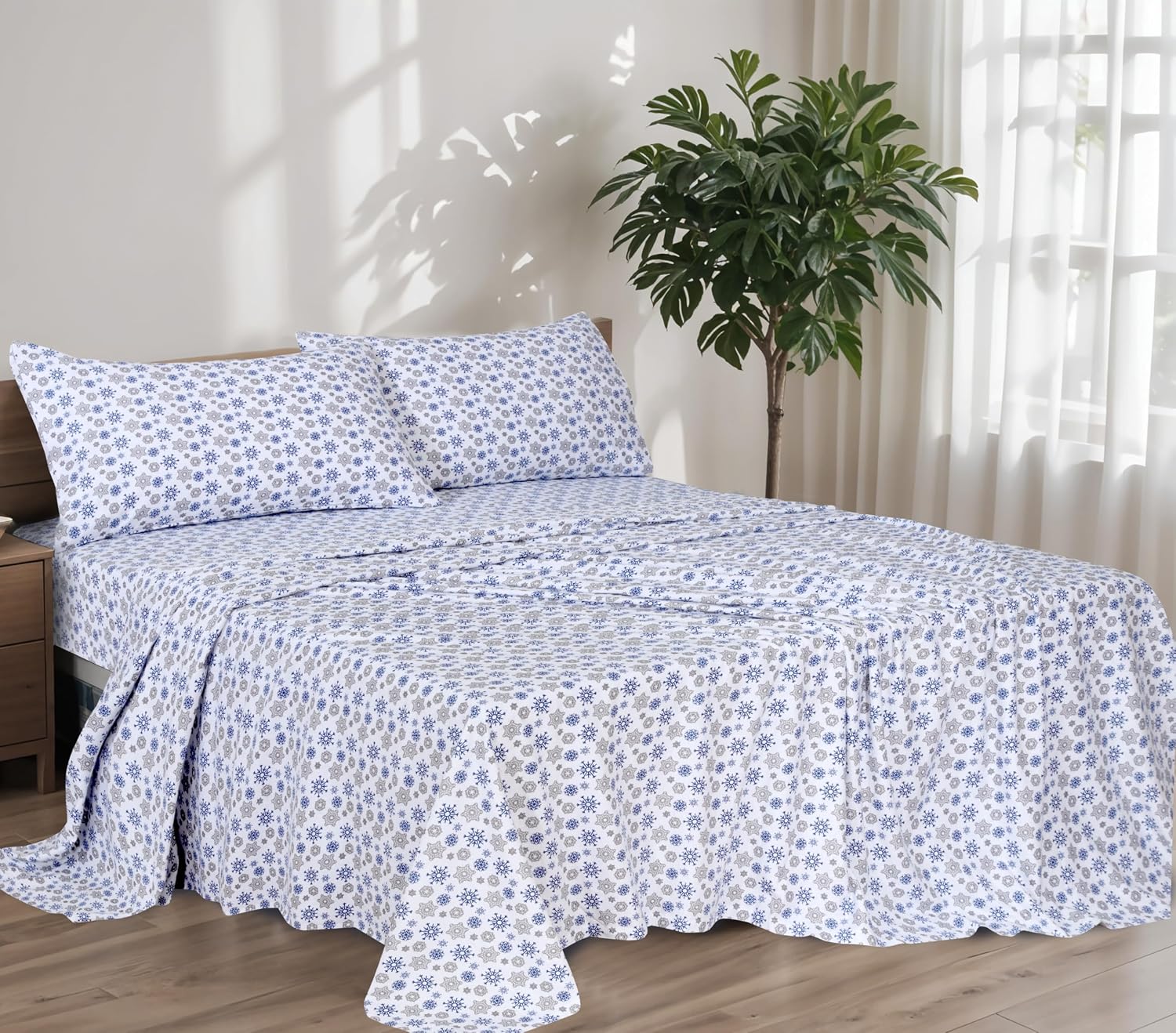 Detalle 2 de RUVANTI 6T-613L-DYLH Full Flannel Sheet Set, 100% Cotton, Snow Flake Grey