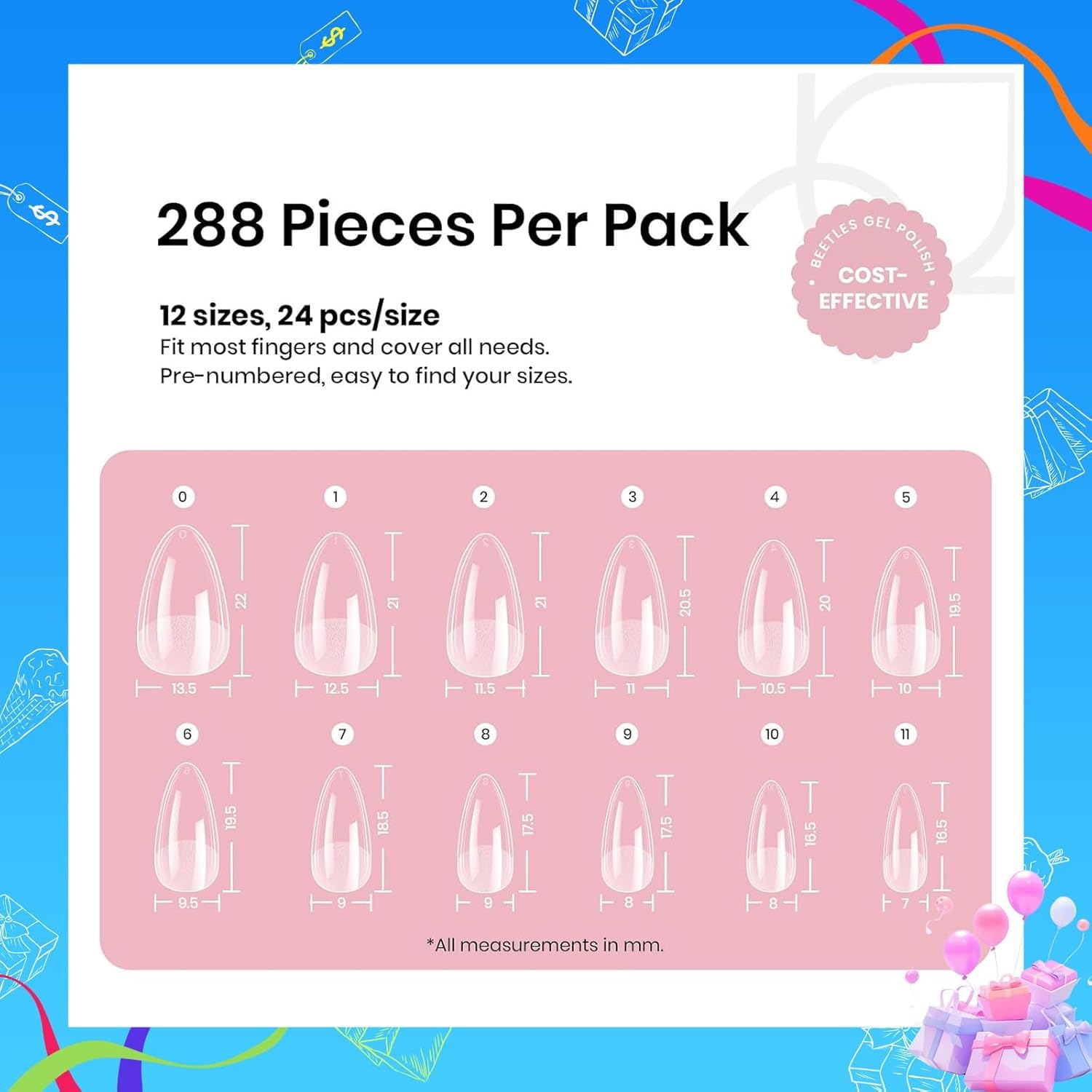 Thumbnail 6 de Beetles Soft Gel Nail Tips Short Almond 288pcs (12 Sizes) — Etch-X Pre-Etched Full Cover Fake Nails for DIY
