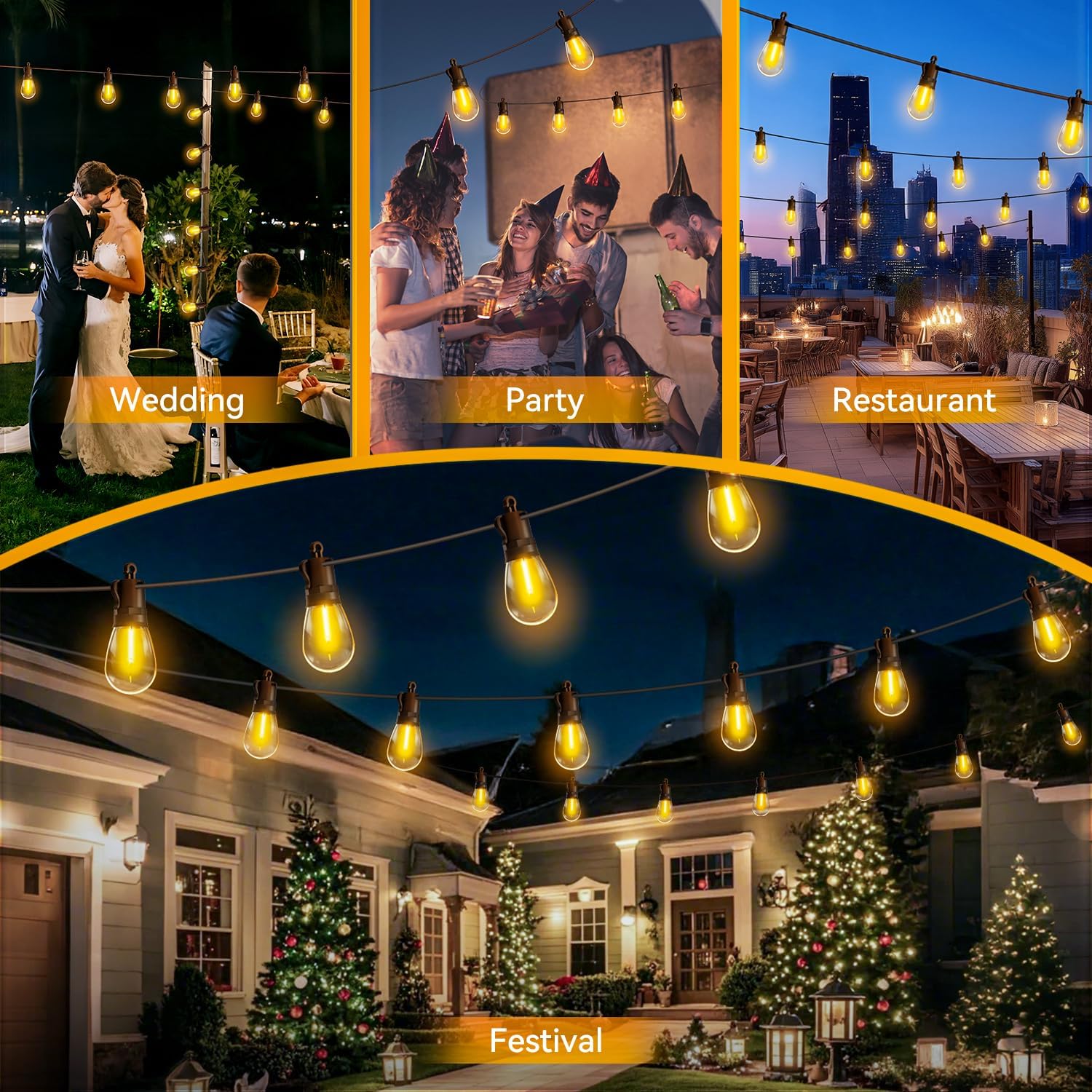 Thumbnail 6 de TBOSW Outdoor String Lights Patio LED - 50 Ft, 15+1 S14 Edison Bulbs, Waterproof, Remote Dimmable