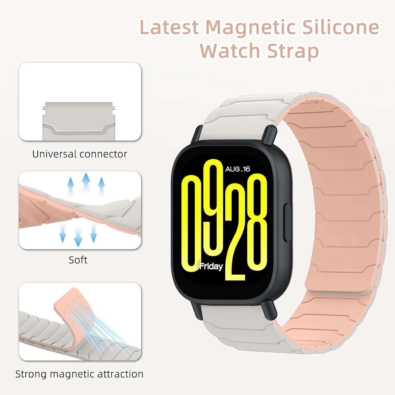 Detalle de Hinnwer 22mm Magnetic Silicone Strap for Xiaomi Watch Range (S5, S4, Redmi Watch 5, S3, Mi Watch) – Starlight Pink