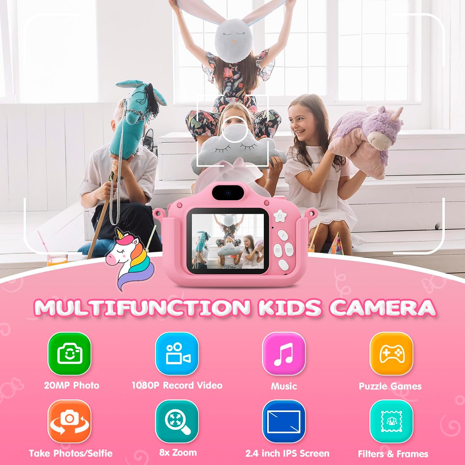 Thumbnail 1 de CAMCLID Macchina fotografica per bambini con custodia in silicone, schermo IPS da 2" e video 1080P (rosa, 3-12 anni)