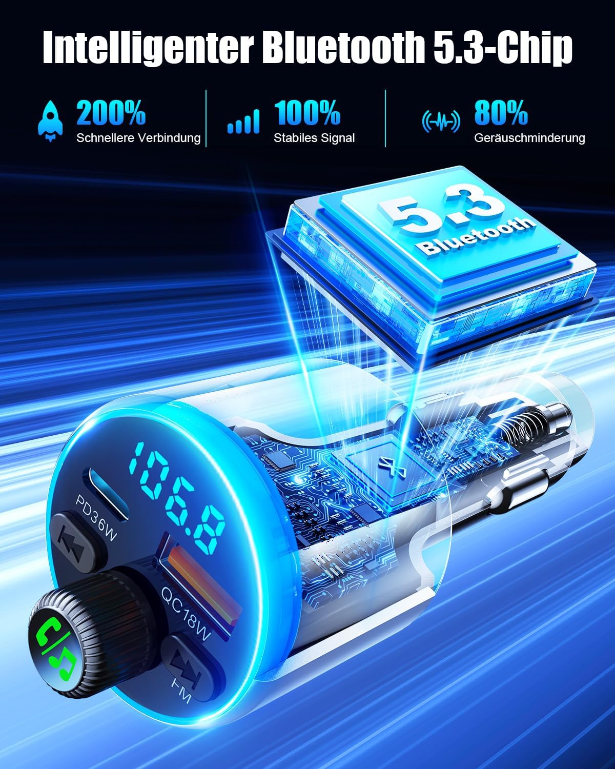 Detalle 1 de EOIWUY BC19 Bluetooth 5.3 FM Transmitter mit PD36W