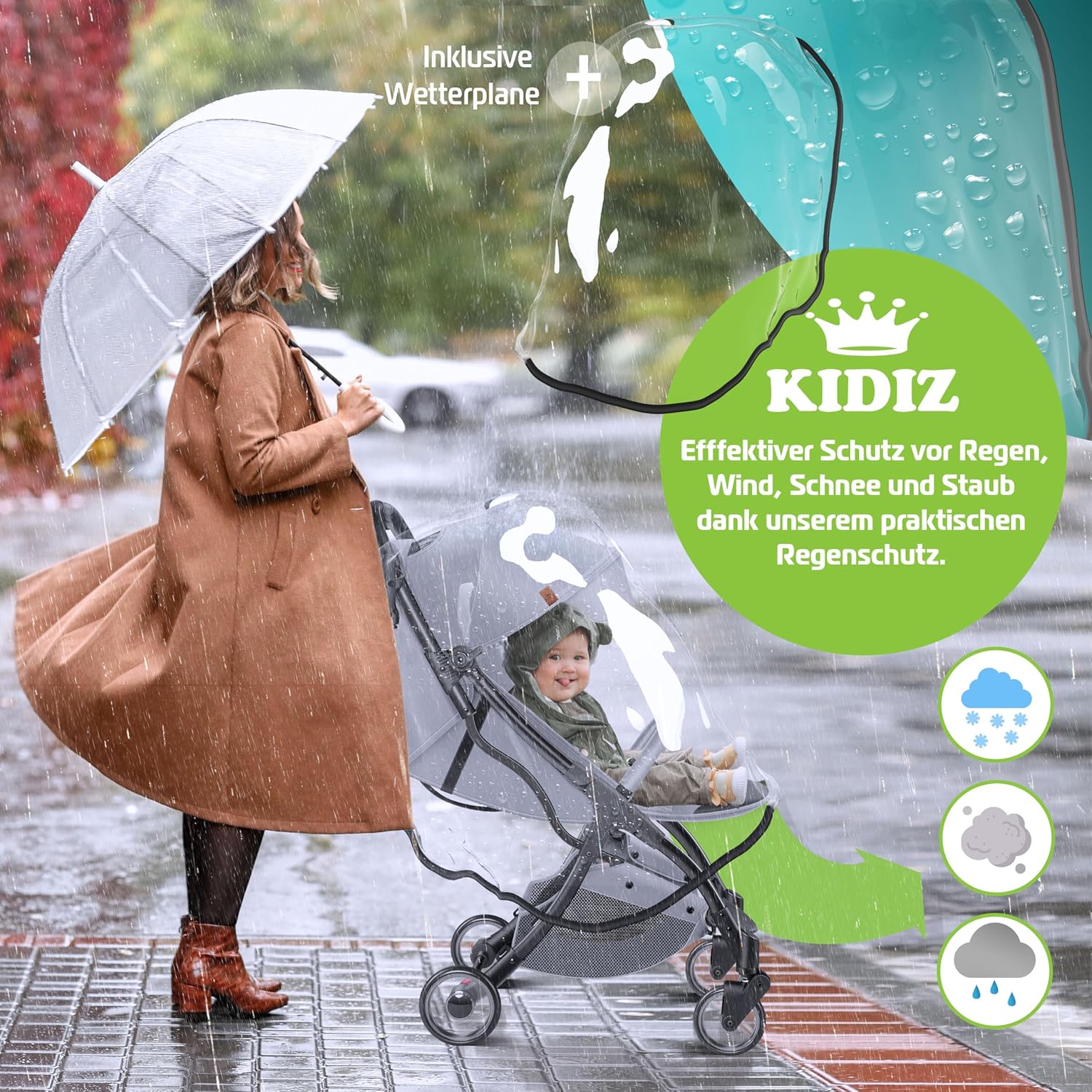 Detalle de KIDIZ® Premium Kinderwagen – kompakter, faltbarer Liegebuggy mit 360° Rädern, 5-Punkt-Gurt & Regenabdeckung