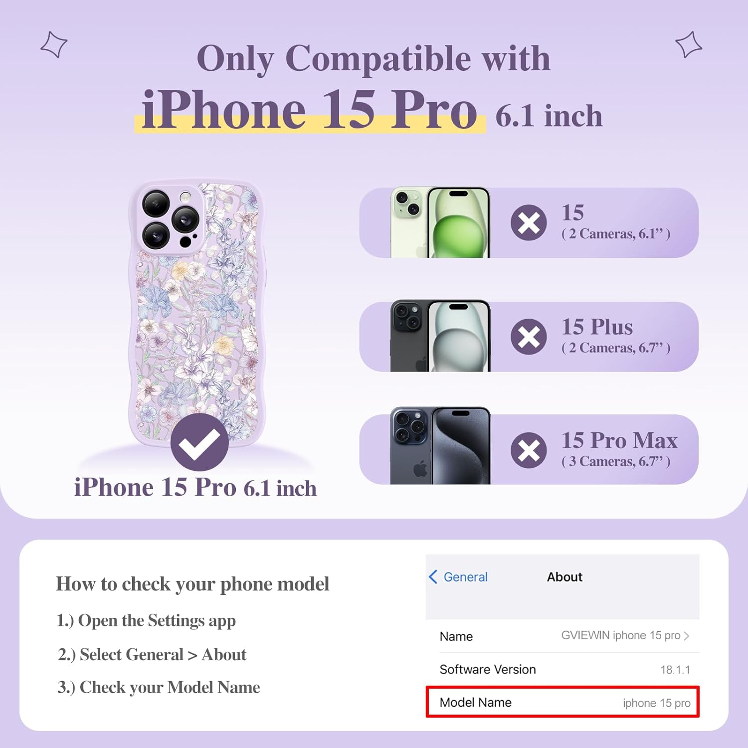 Thumbnail 1 de GVIEWIN iPhone 15 Pro Case with MagSafe — Curly Wave Edge, Floral Translucent, Full Camera Protection