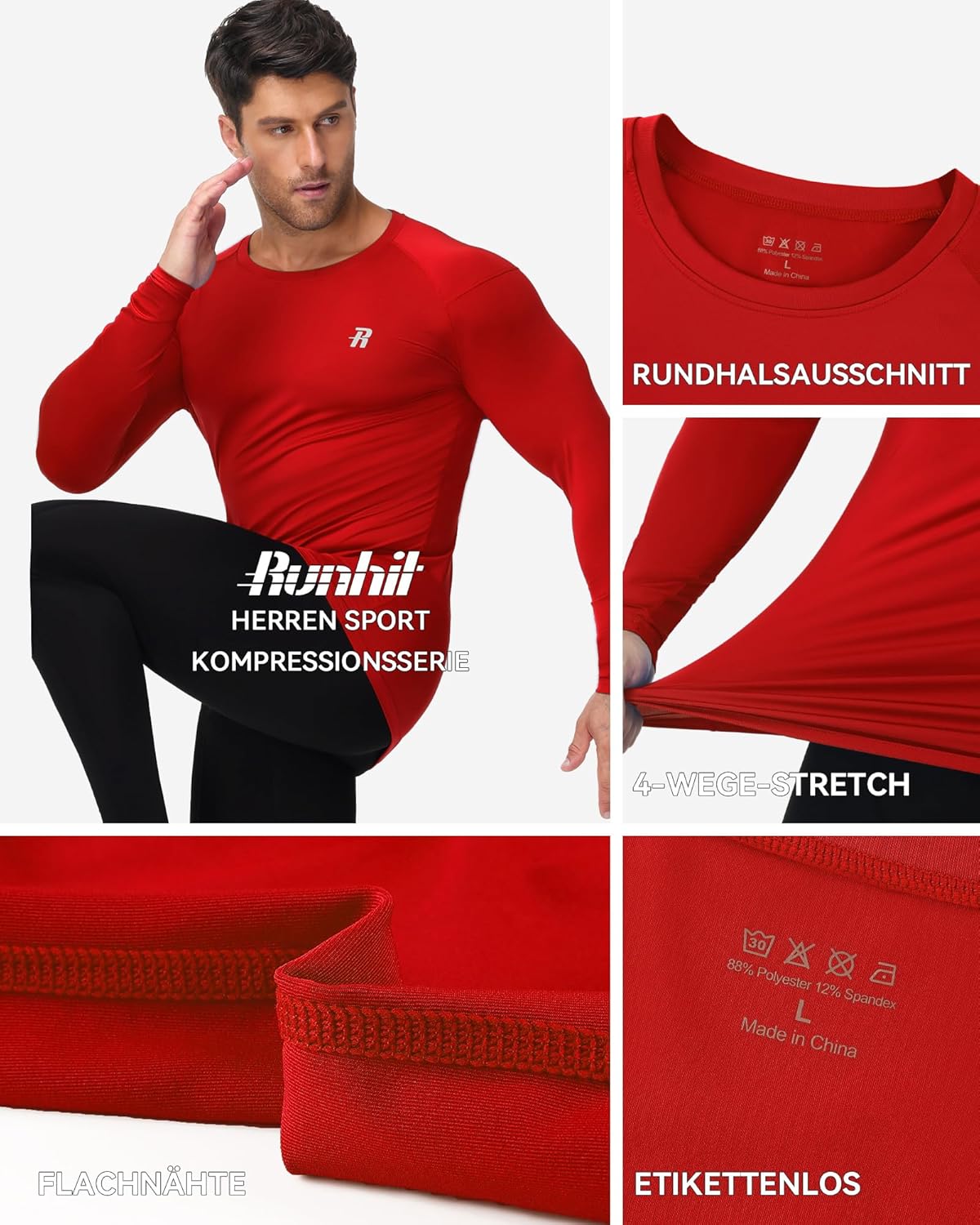 Detalle de Runhit Kompressionsshirt Herren Langarm – UPF50+ und 4‑Wege‑Stretch