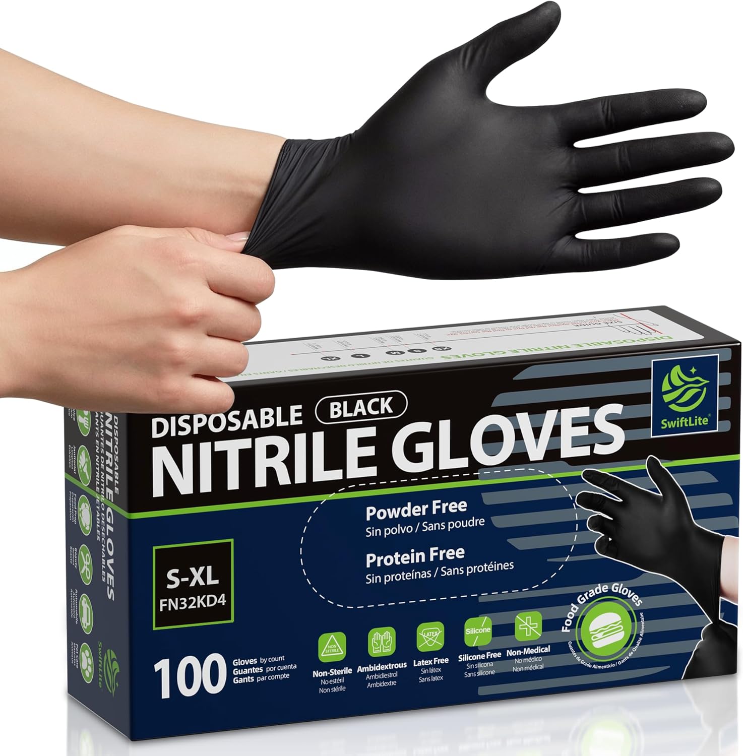 SWIFTLITE Black Disposable Nitrile Gloves — Food Safe, Latex-Free, Powder-Free (3 mil)