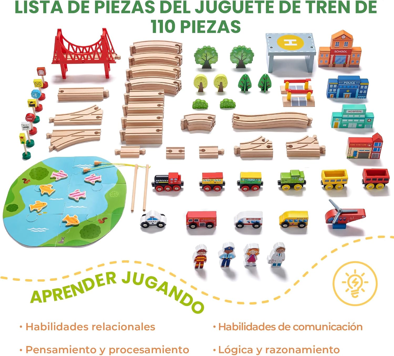 Detalle de Juego de tren de madera 110 piezas