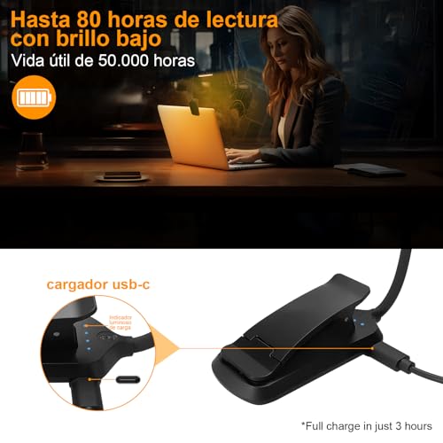 Detalle de karidi Luz de lectura recargable 24 LED con pinza 360°, 5 tonos y USB-C, negra
