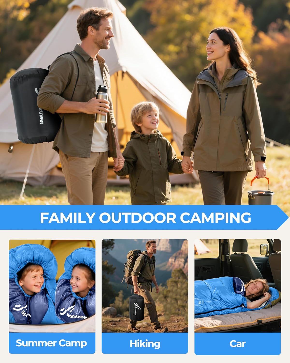 Detalle de Sportneer 3-Season Sleeping Bag with Compression Sack, Two-Way Zipper