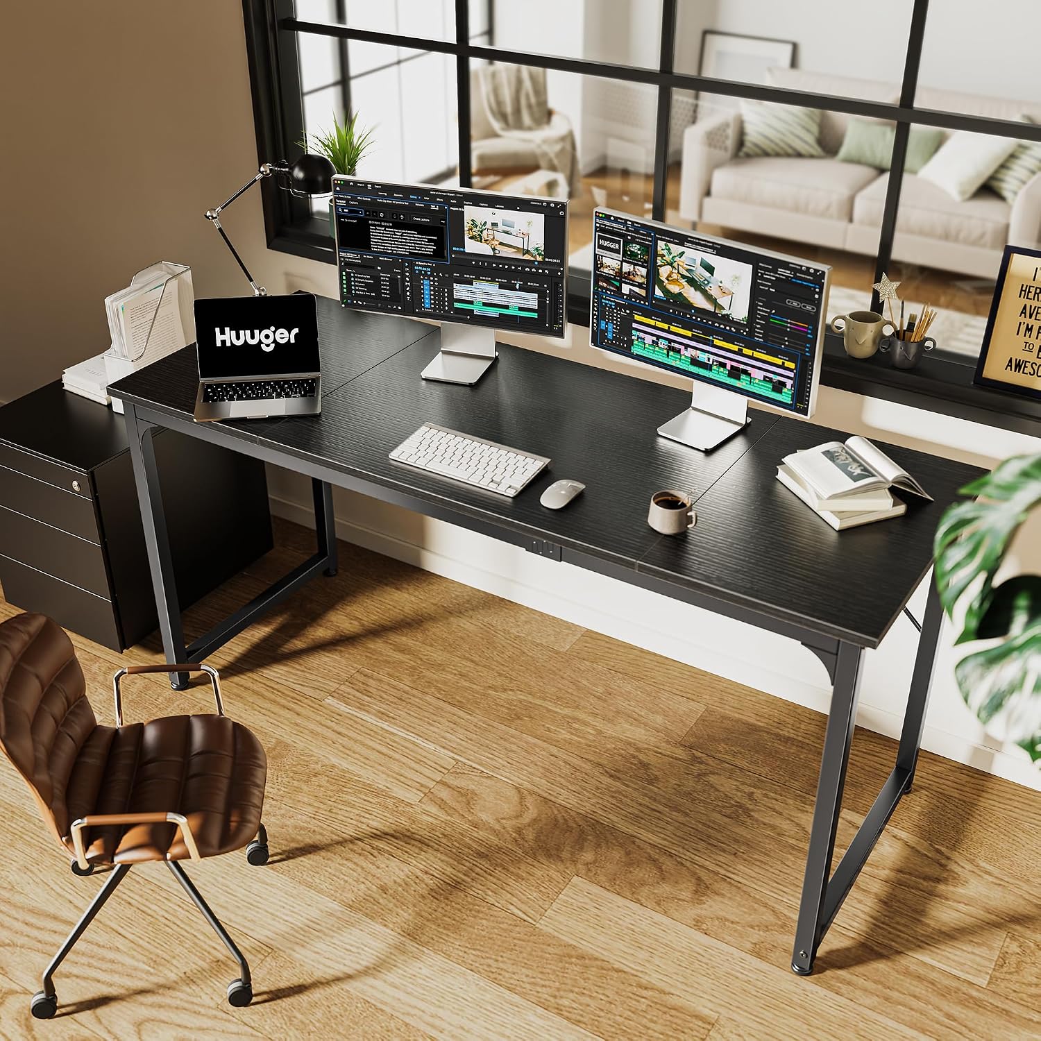 Detalle de Huuger 63-Inch Modern Desk, Black Metal Frame for Gaming and Writing